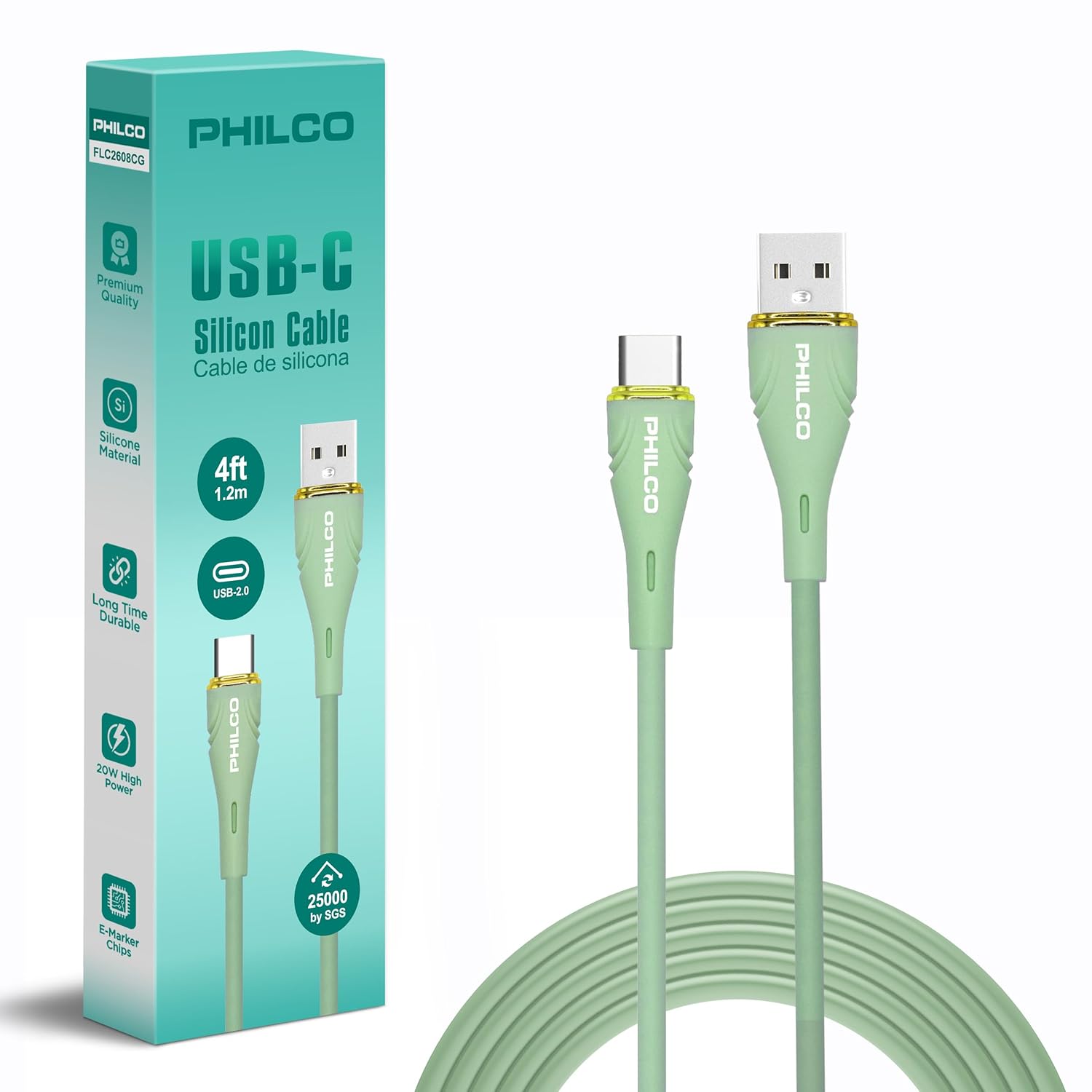 Philco USB to USB C Cable, 20W Type C Fast Charging, Soft-Touch Silicone Cord, Durable, Tangle-Free Power Cable for MacBook, iPhone 16, iPad, Samsung, Android & More 4FT.