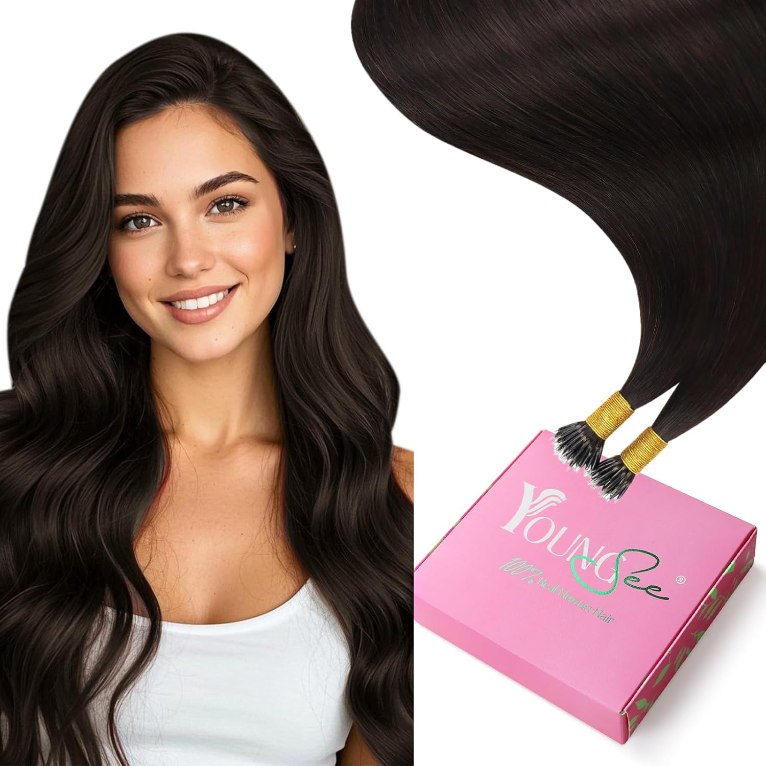 YoungSee 14 inch Nano Ring Hair Extensions Dark Brown Natural Remy Nano Hair Extensions Dark Brown for Bridal Look Cold Fusion Pre Bonded Add Volume Short Silky Straight Smooth 50S 50g