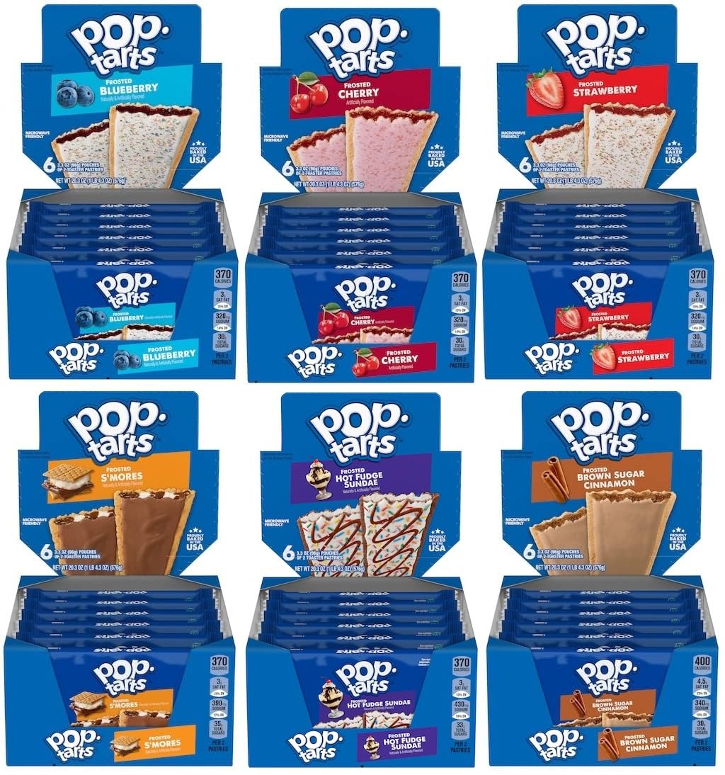 Make Your Day Pop Tarts Toaster Pastry Variety, Frosted Brown Sugar Cinnamon, S'mores, Strawberry, Blueberry, Cherry, and Hot Fudge Sundae, 3.3 Ounce (Pack of 6) - with MYD Bag Clip