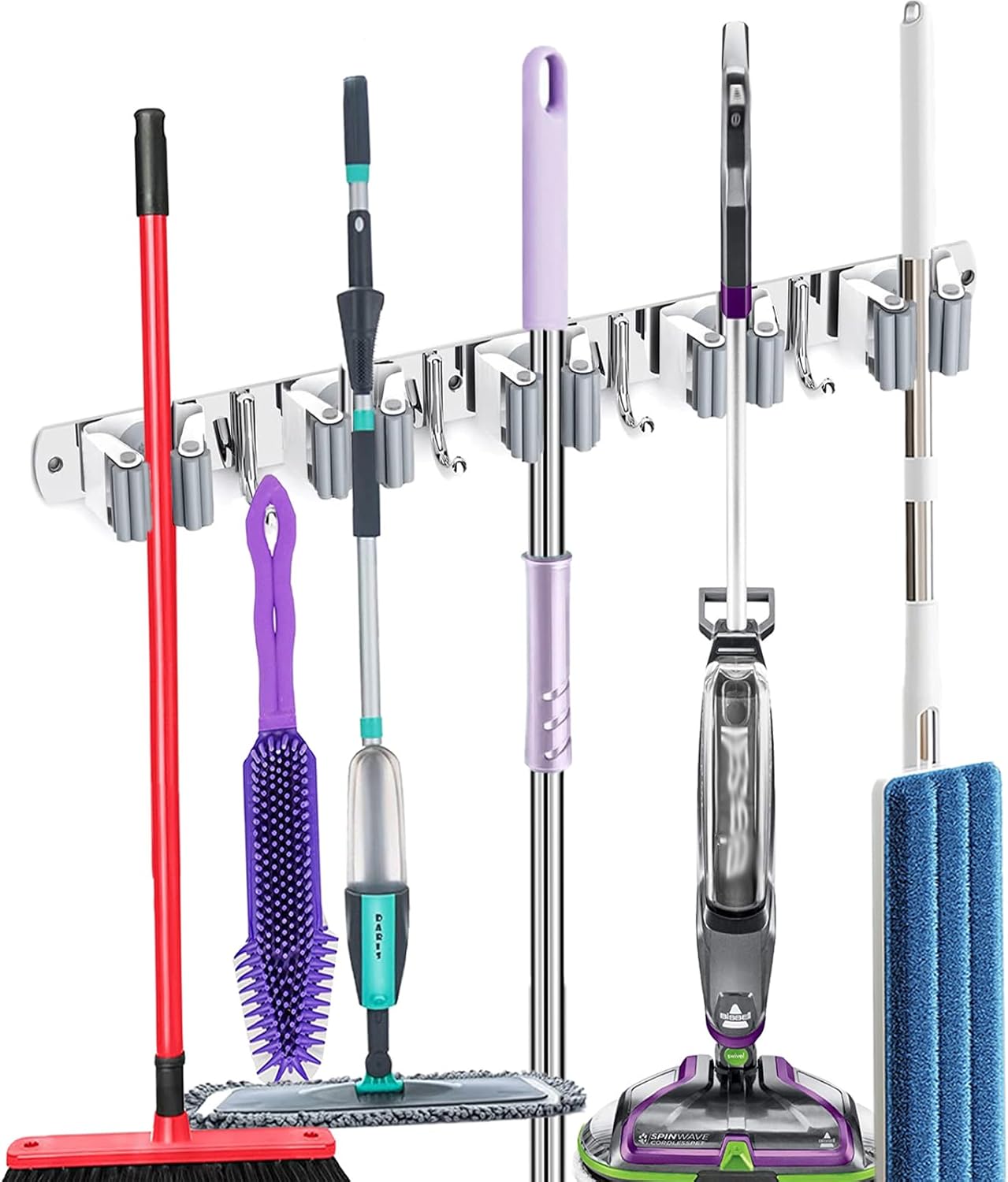 Broom Holder Wall Mount, Broom Organizer Wall Mount Stainless Steel Broom and Mop Hanger Heavy Duty Storage Organization for Home Kitchen Garden Garage Room 5 Racks 4 Hooks