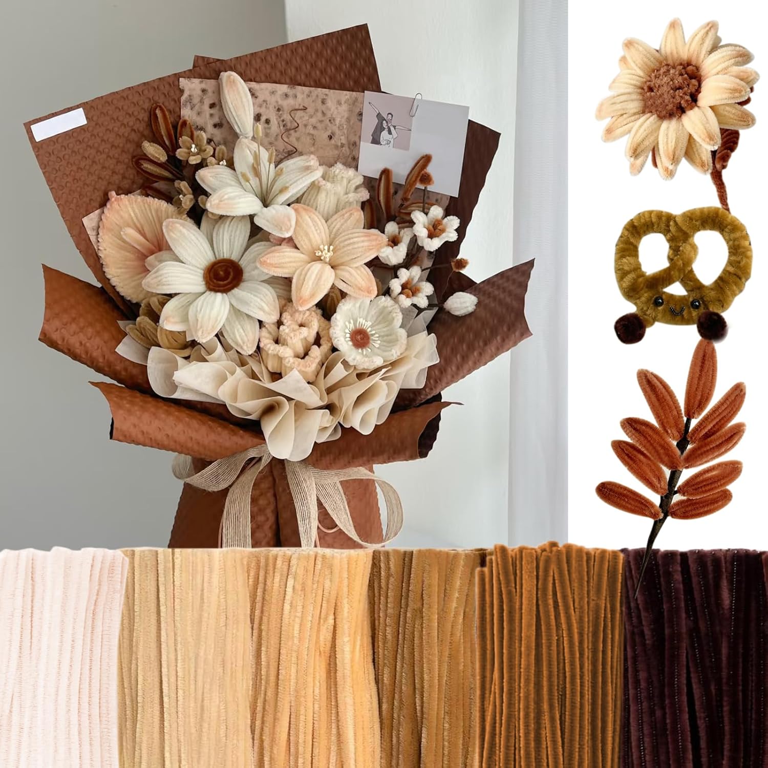 600 Pcs Pipe Cleaners Craft for Flowers, Pastel Chenille Stems for DIY Art Projects Creative Gift(6 Colors), Bulk Fuzzy Pipe Cleaner Flower Kit, Ideals for Party Decor (Brown Boho)