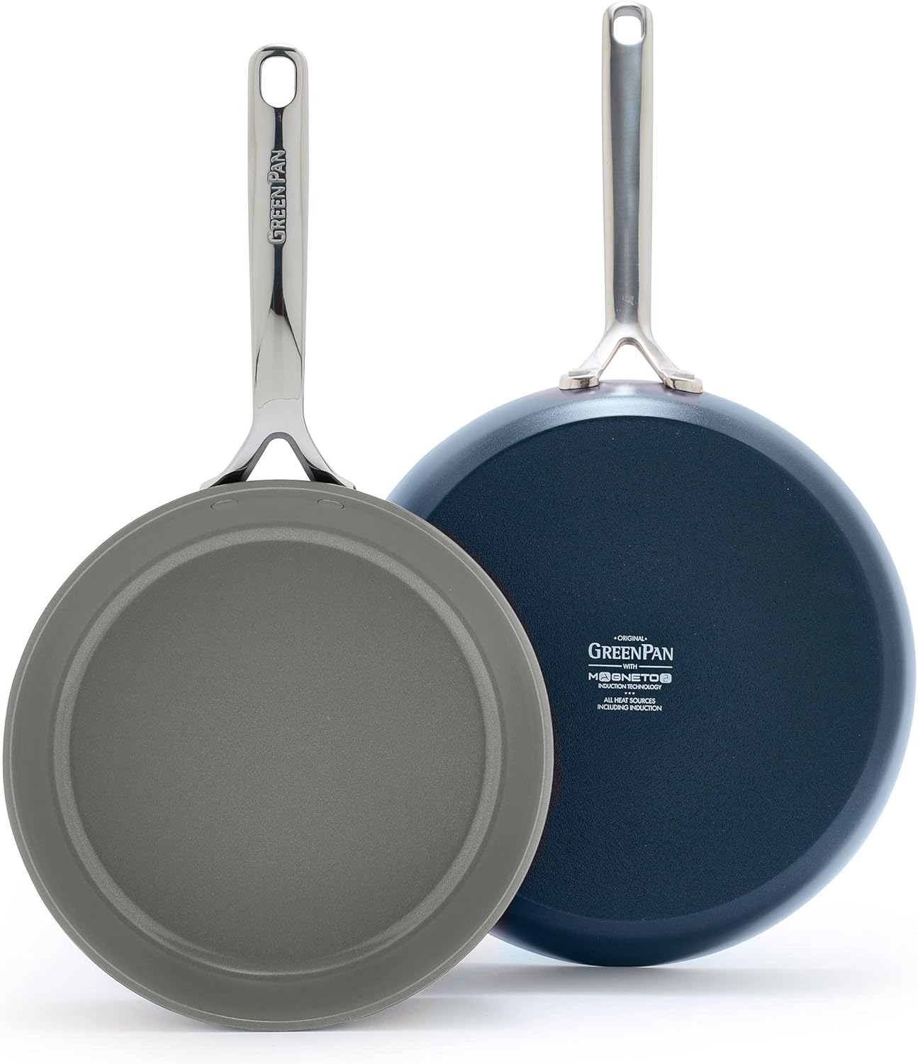 GreenPan GP5 Hard Anodized Healthy Ceramic Nonstick 9.5” & 11” 2 Piece Frying Pan Skillet Set,Heavy Gauge Scratch Resistant,Stay-Flat Surface, Induction, Mirror Finish Handle,Oven Safe,PFAS-Free, Blue
