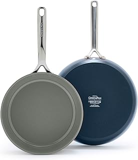 GreenPan GP5 Hard Anodized Healthy Ceramic Nonstick 9.5” & 11” 2 Piece Frying Pan Skillet Set,Heavy Gauge Scratch Resistant,Stay-Flat Surface, Induction, Mirror Finish Handle,Oven Safe,PFAS-Free, Blue