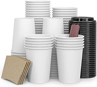 To Go Disposable Paper Coffee Cups,120 Pack with Lids,Sleeves,Straws,Hot/Cold Beverage Drinking Cup for Water,Juice,Coffee or Tea,Suitable for Home,Shops Cafes, 12 oz