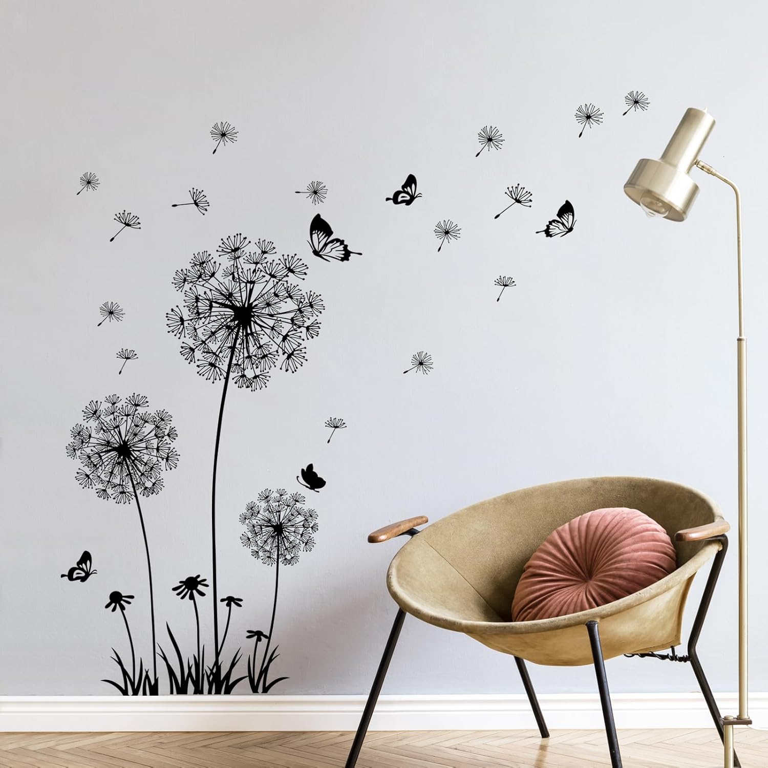 Tanlaby Dandelion Wall Stickers Flower Wall Decal Butterflies Flying Wall Decals Wall Art Stickers for Bedroom Living Room Sofa Backdrop TV Wall Decoration