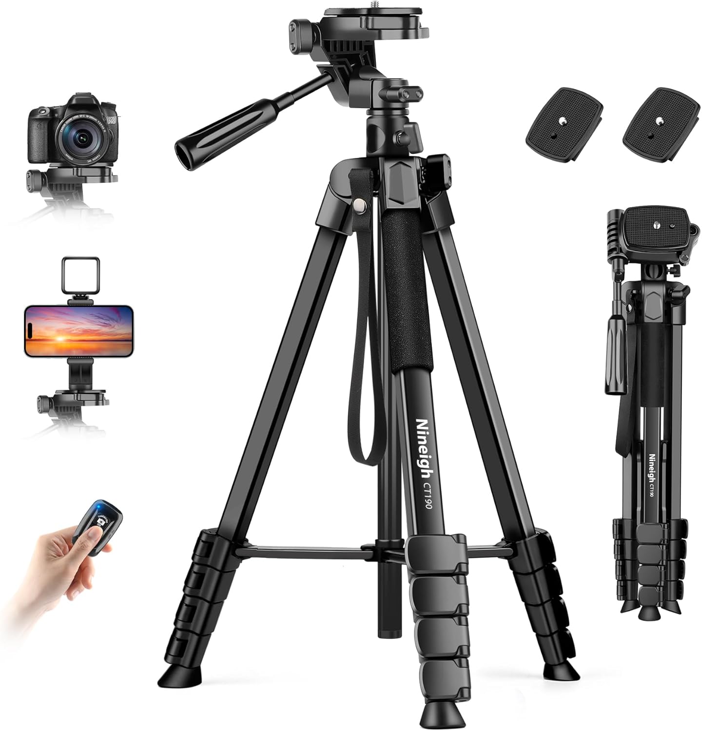 Nineigh Camera Phone Tripod, 75'' Lightweight DSLR Camera Stand with 3 Way Pan Head, Horizontal Tripod for Smartphone with Remote and Carry Bag for Travel Video Photography YouTube Vlog
