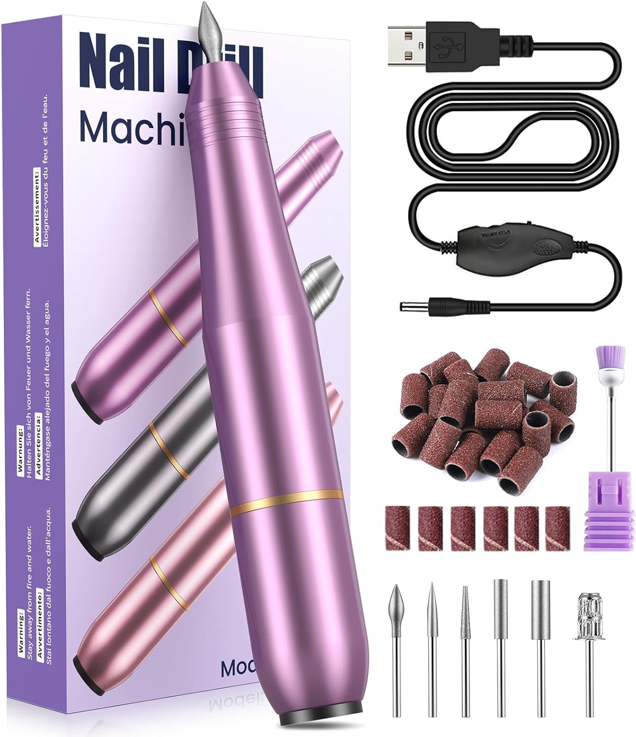 Electric Nail Files, Professional Nail Drill Machine, 20000RPM Adjustable Speed Manicure Pedicure Set with 6 Drill Bits, Low Vibration Low Noise Electric Nail Drill for Gel/Acrylic Nails for Beginner