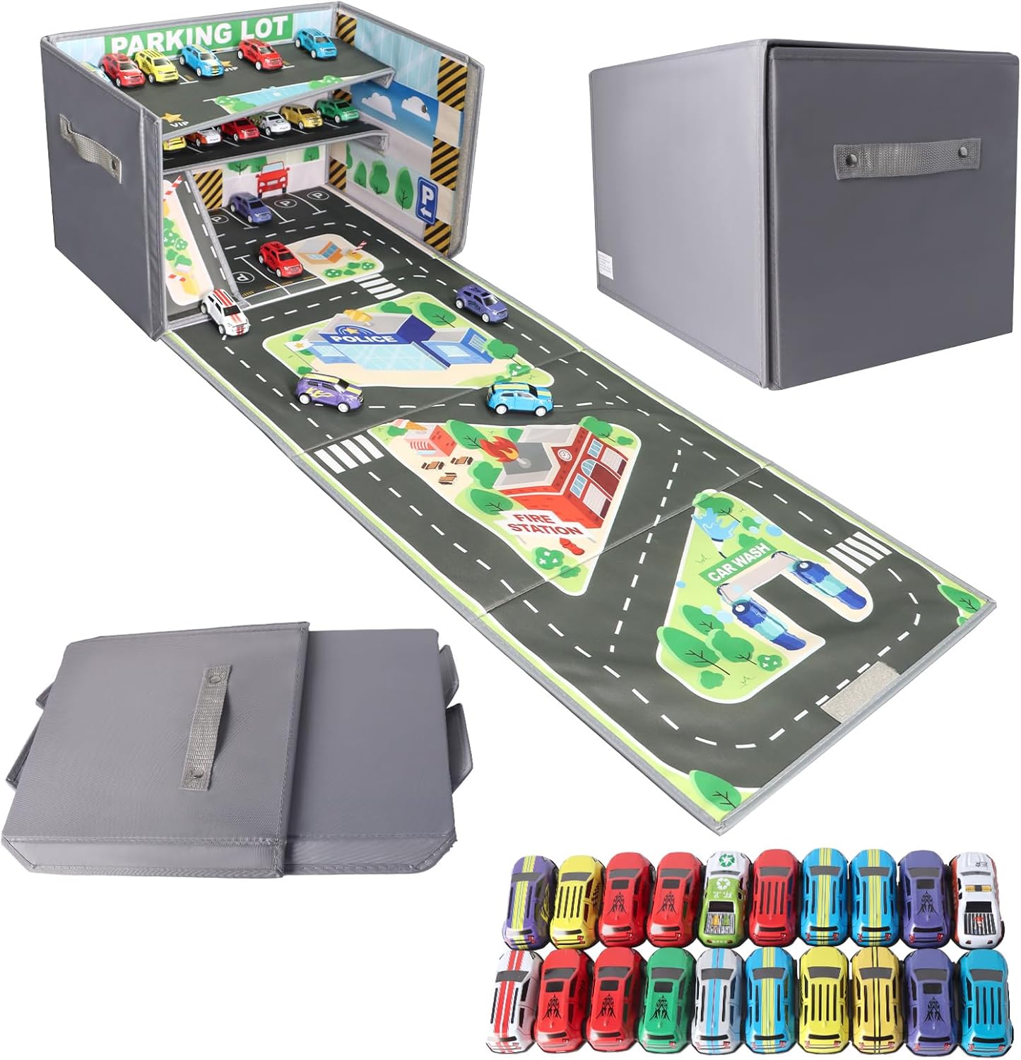LPQKCcY Toy Car Storage, Car Play Mat with 20 Cars, Kids Storage Boxes with Handles, 3-In-1 Foldable Toy Car Mat, Toy Storage Box for Boys Girls, Storage for 200+ Cars