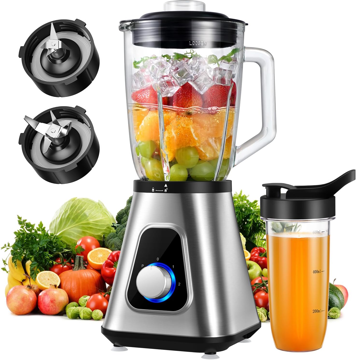 GDOR 1200W Blender Smoothie Maker 2 in 1 Smoothie Blender with 1.5L Glass Jug & 650ML Travel Cup, 3 Speed Jug Blender, Professional Blenders for Smoothies, Shakes, Frozen Drinks, Ice, Sauces, Silver