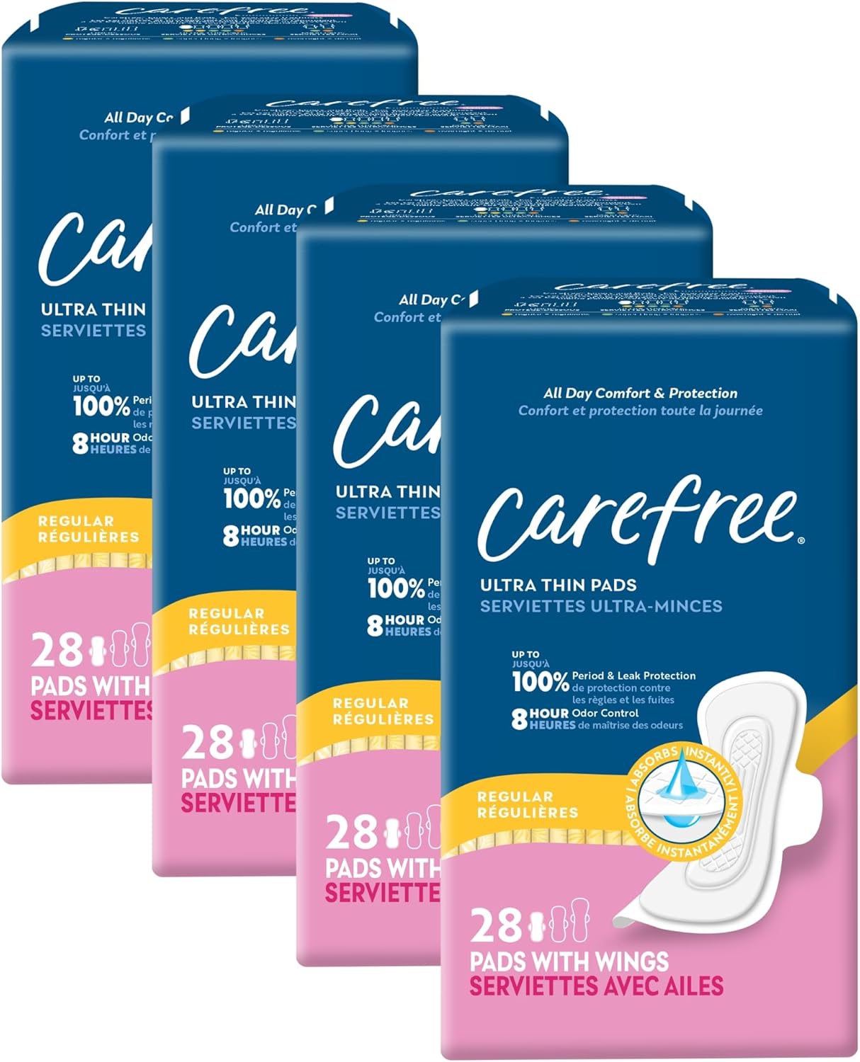 Carefree Ultra Thin Pads for Women, Regular Pads with Wings, 112ct (4 Packs of 28ct) | Carefree Pads, Feminine Care, Period Pads & Postpartum Pads | 112ct (4 Packs of 28ct)