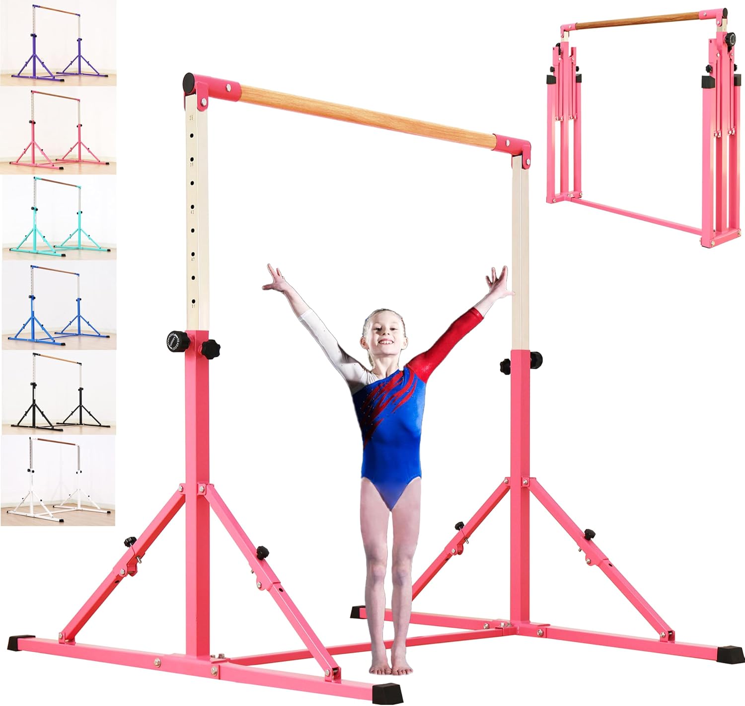Adjustable 5 Ft Folding Gymnastics Kip Bar for Kids Ages 3-18 | 5Ft Length Kip Bar, 4Ft Width, 5Ft Adjust Height, Stainless Steel Poles, Gymnastics Training Equipment for Kids Home Club Use