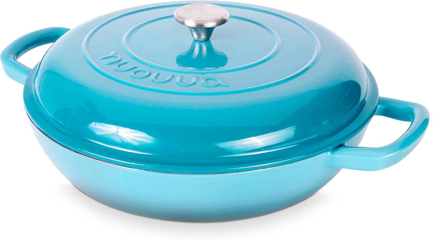 Shallow Cast Iron Casserole with Lid – Non Stick Dutch Oven Pot, Oven Safe up to 260° C – Sturdy Ovenproof Stockpot Cookware – Enamelled Cooking Pot – Blue, 4.7L, 32cm – by Nuovva