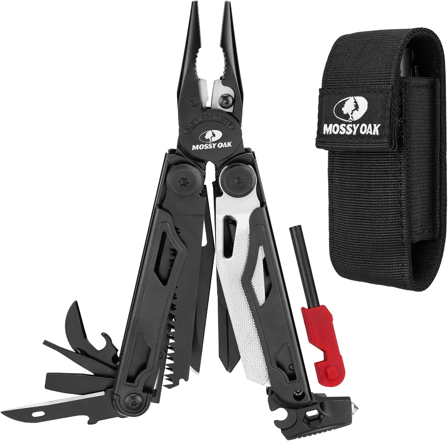 MOSSY OAK Multitool, 19-in-1 Stainless Steel Multi Tool Pliers, Survival Tools with Fire Starter, Window Breaker, Whistler, Self-locking EDC Gear with Sheath for Outdoor, Survival, Camping, Hiking