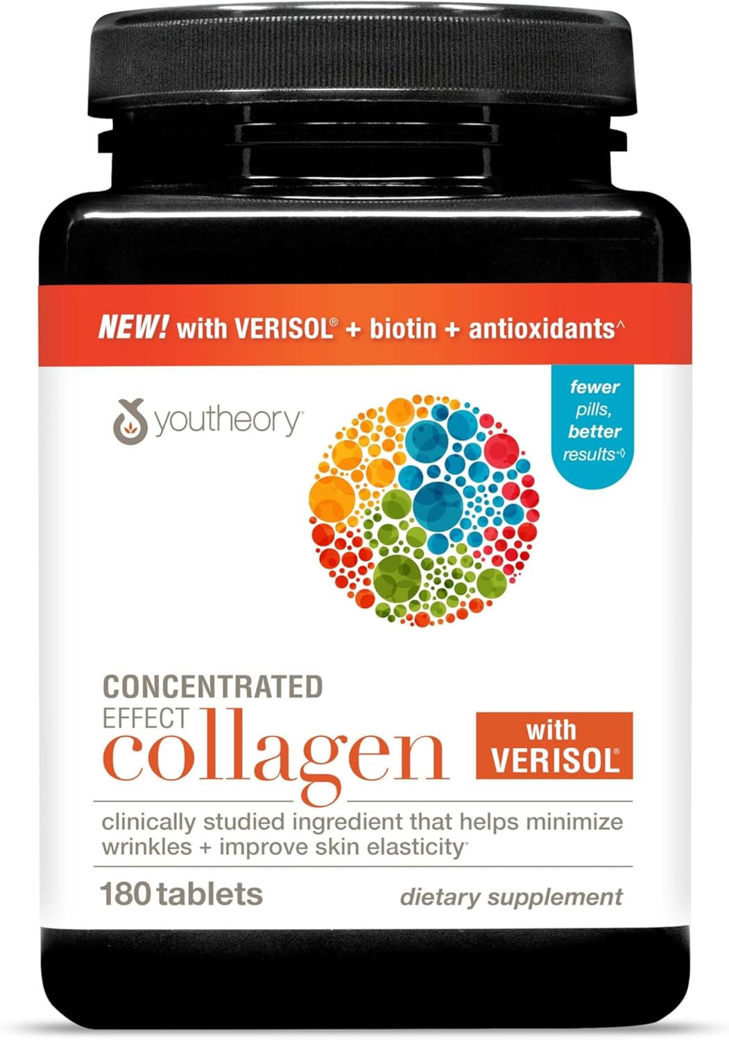 Youtheory Concentrated Effect Collagen with Verisol - Advanced Collagen Supplement - Supports Skin, Hair Thickness & Nail Strength - with Biotin & Vitamin C - Gluten, Soy & Dairy Free - 180 Tablets