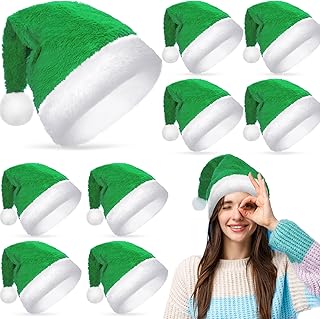 Suhine 10 Pcs Santa Hat Plush Christmas Hat Large Traditional Holiday Hat Claus Cap with Comfort Liner for Adults Xmas Hats