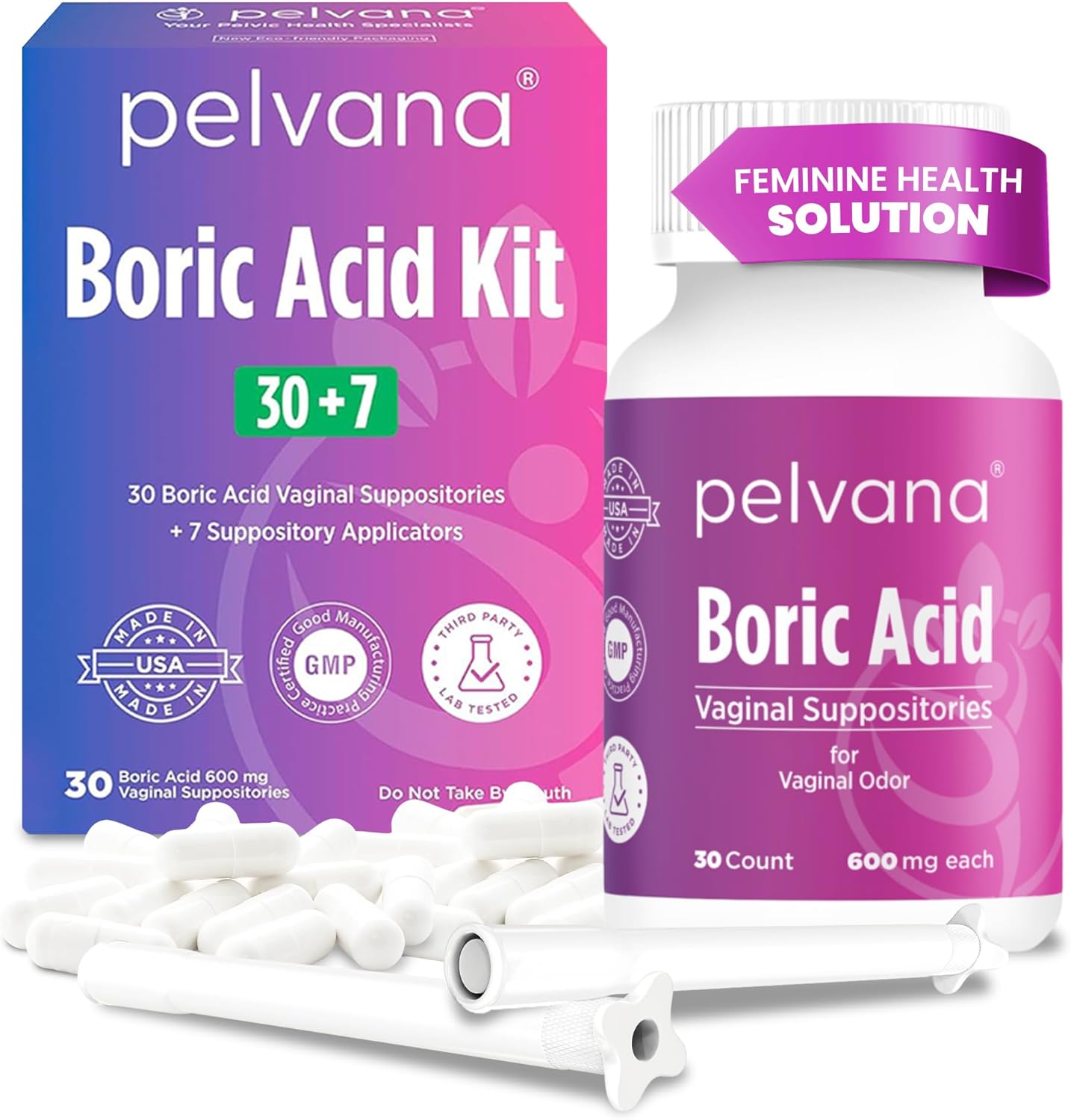 Pelvana Boric Acid Suppositories for Women 30 + 7 Applicators, Total of 37 Piece Kit for Vaginal Odor & Freshness - Third-Party Lab Verified & Bottled in The USA - Feminine Health Odor Solution