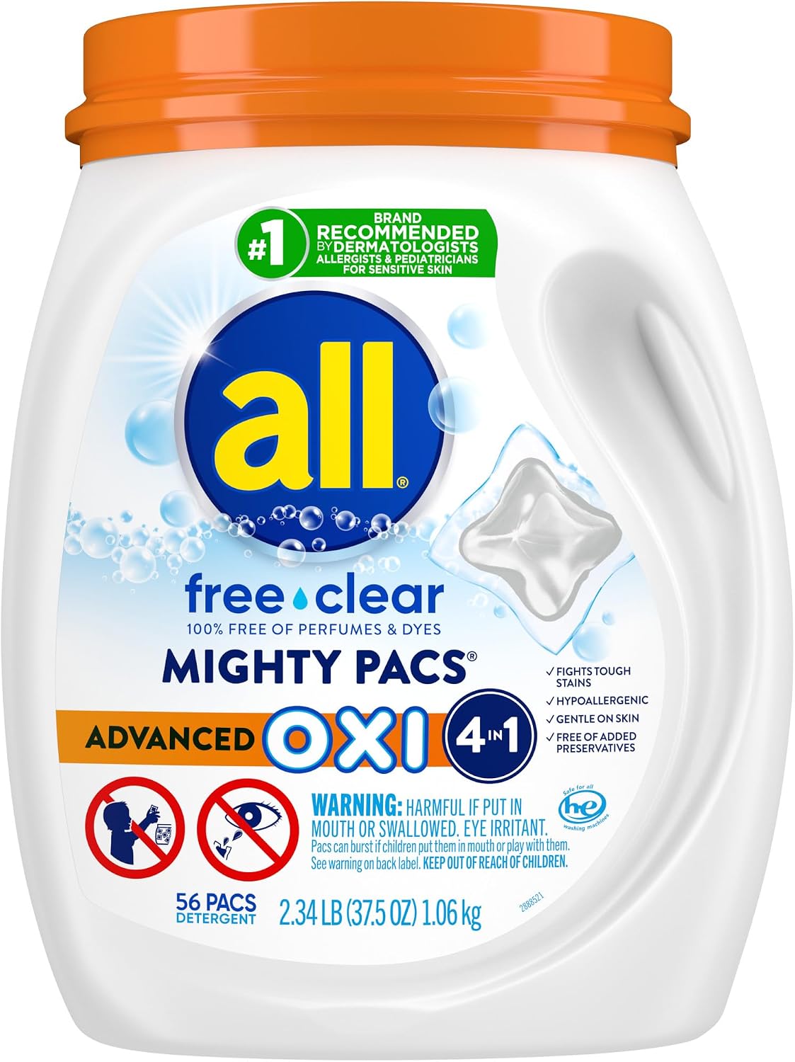 all Laundry Detergent Pacs Advanced OXI for Sensitive Skin, 56 Count | Boosted Stainfighting Power, Hypoallergenic Formula, Dye Free, Dermatologist Tested, Fragrance Free, HE Compatible