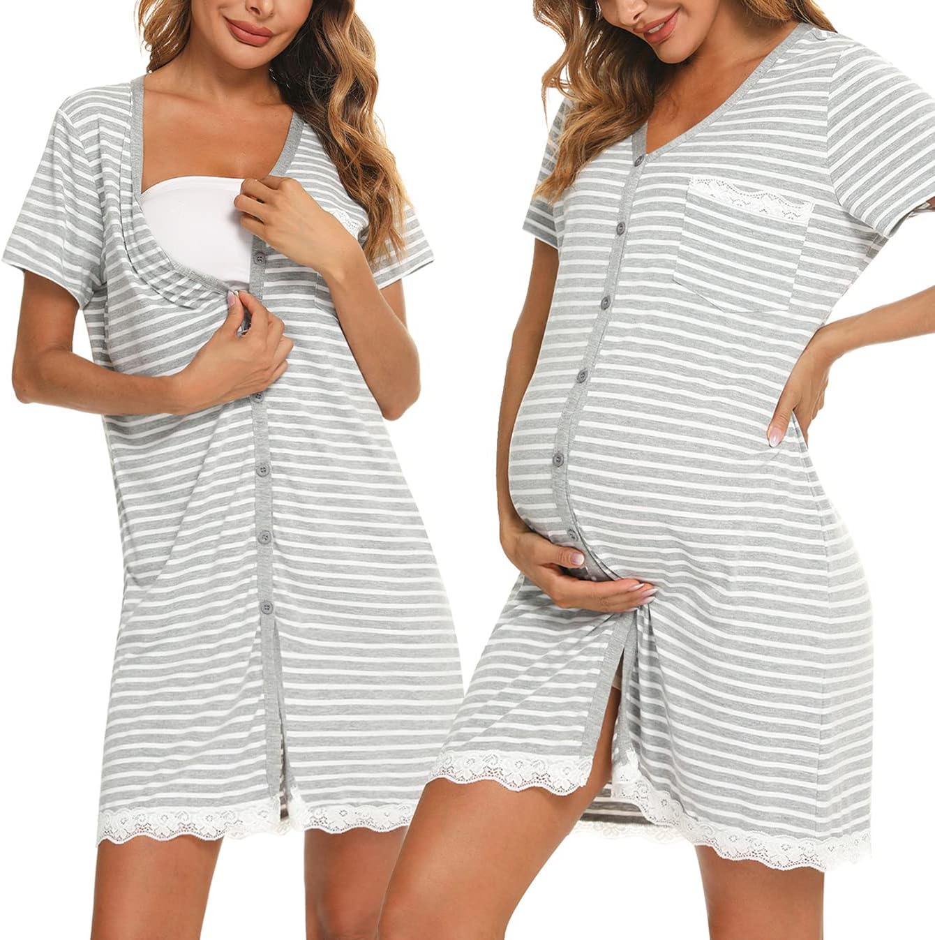 Uniexcosm Maternity Nursing Nightdress, Women's Short Sleeve Nightwear Soft Button Down Nightgown Stripe Sleepwear Maternity Pyjamas Nightshirt