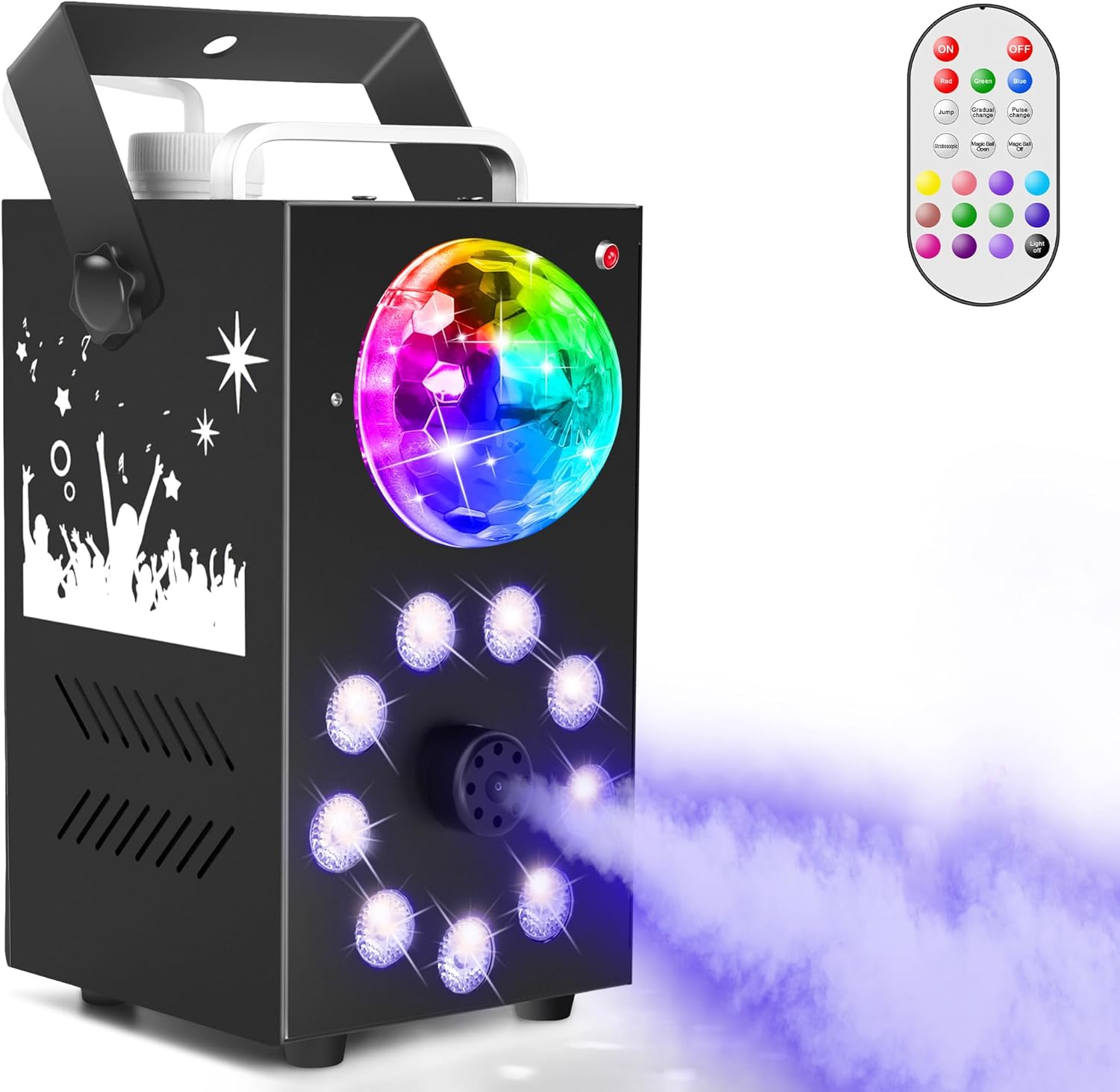 Erreyht Smoke Machine, 700W Fog Machine, 9 LED Lights with Disco Ball, Remote Control with Strobe, Auto, Single color, Smoke Mode for Party Christmas Halloween DJ Stage Effect