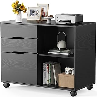 Sweetcrispy 3-Drawer File Cabinet, Lateral Mobile Filing Under Desk Storage Organizer with Wheels, Wood Printer Stand & Open Shelves for Home Office Organization - Natural White