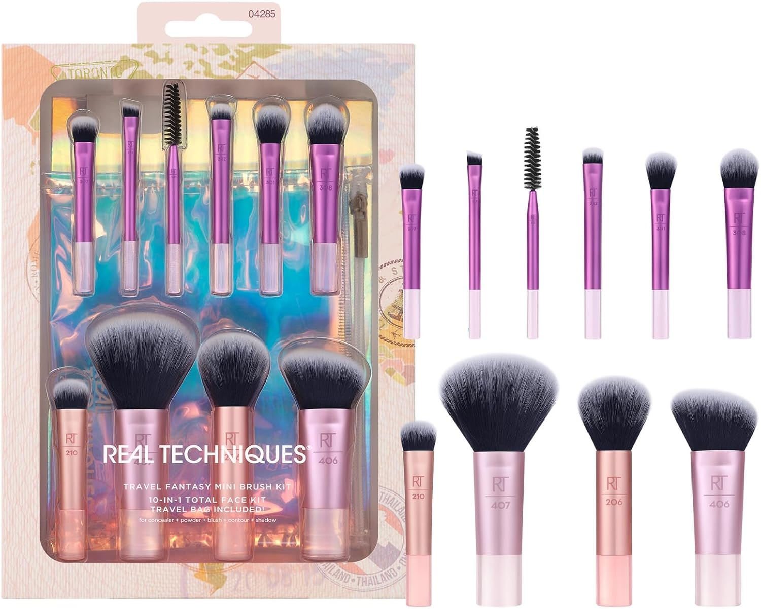 Real Techniques Travel Fantasy Mini Brush Kit, Makeup Brushes For Eyeshadow, Highlight, Contour, Powder, and Concealer, Travel-Sized Brushes and Cosmetic Bag, Synthetic Bristles, 11 Piece Set