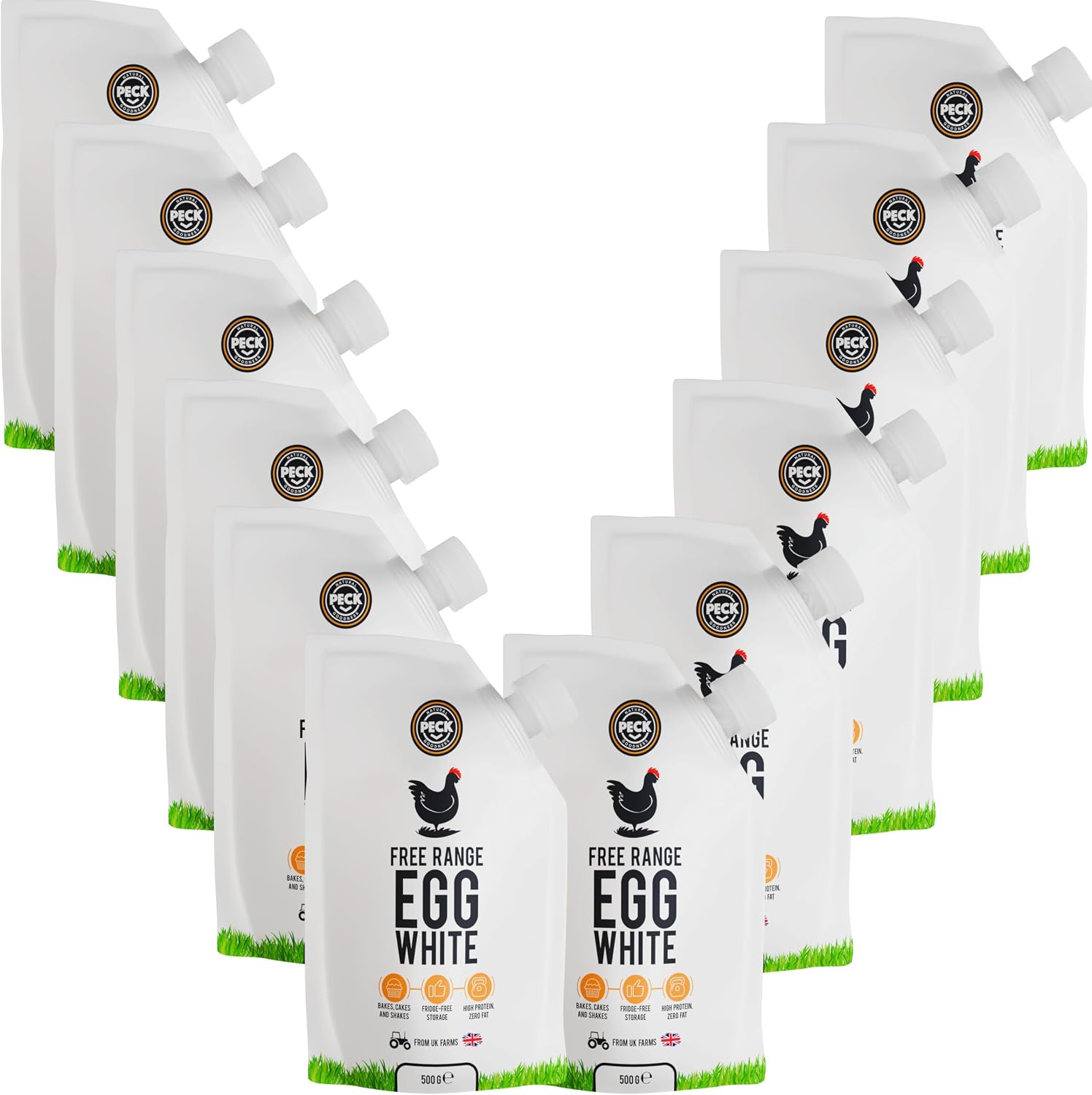Peck Free Range Egg Whites Liquid 12 x 500ml Pouches | 15 UK Free Range Egg Whites Per Pouch | from UK Farms & in a Resealable Pouch | High Protein | for Baking, Shakes, Omelettes & Cocktails
