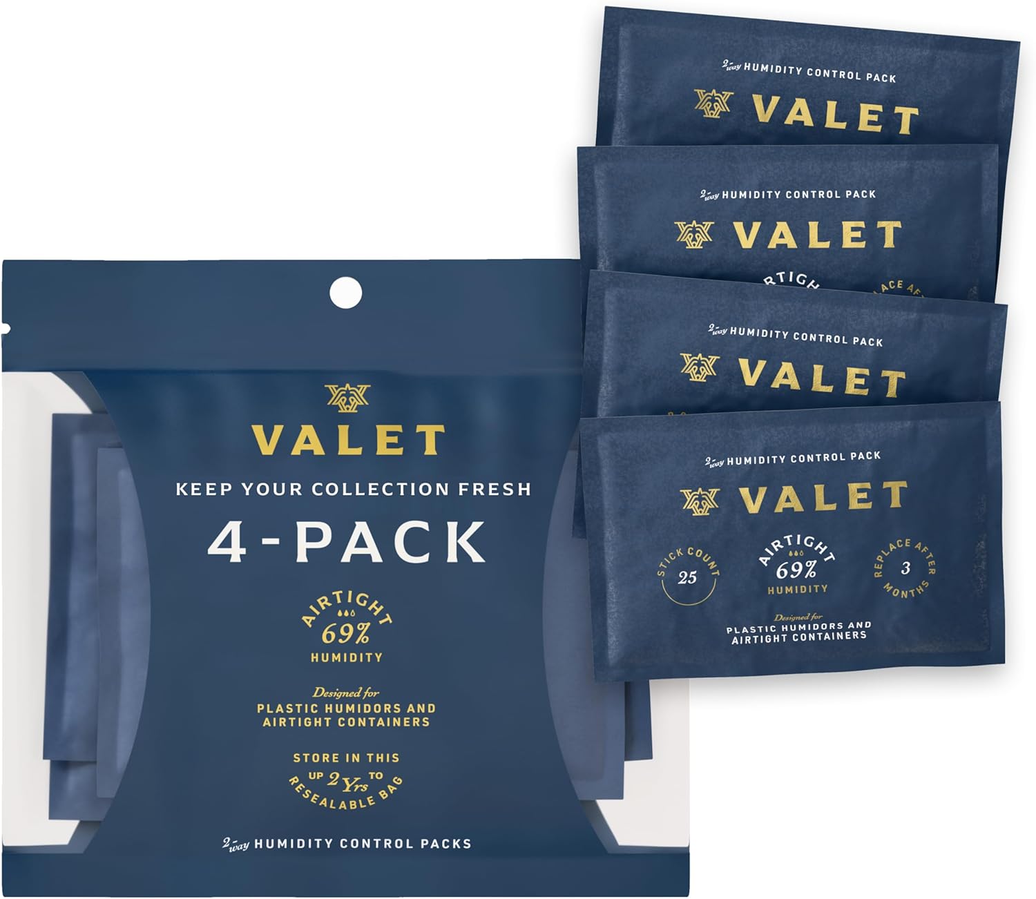 Valet 69% Two-Way Humidity Control Packs for Plastic Containers, 4-Pack, 60g Each, Moisture Absorbers, Natural Craft Paper Design with Resealable Bag