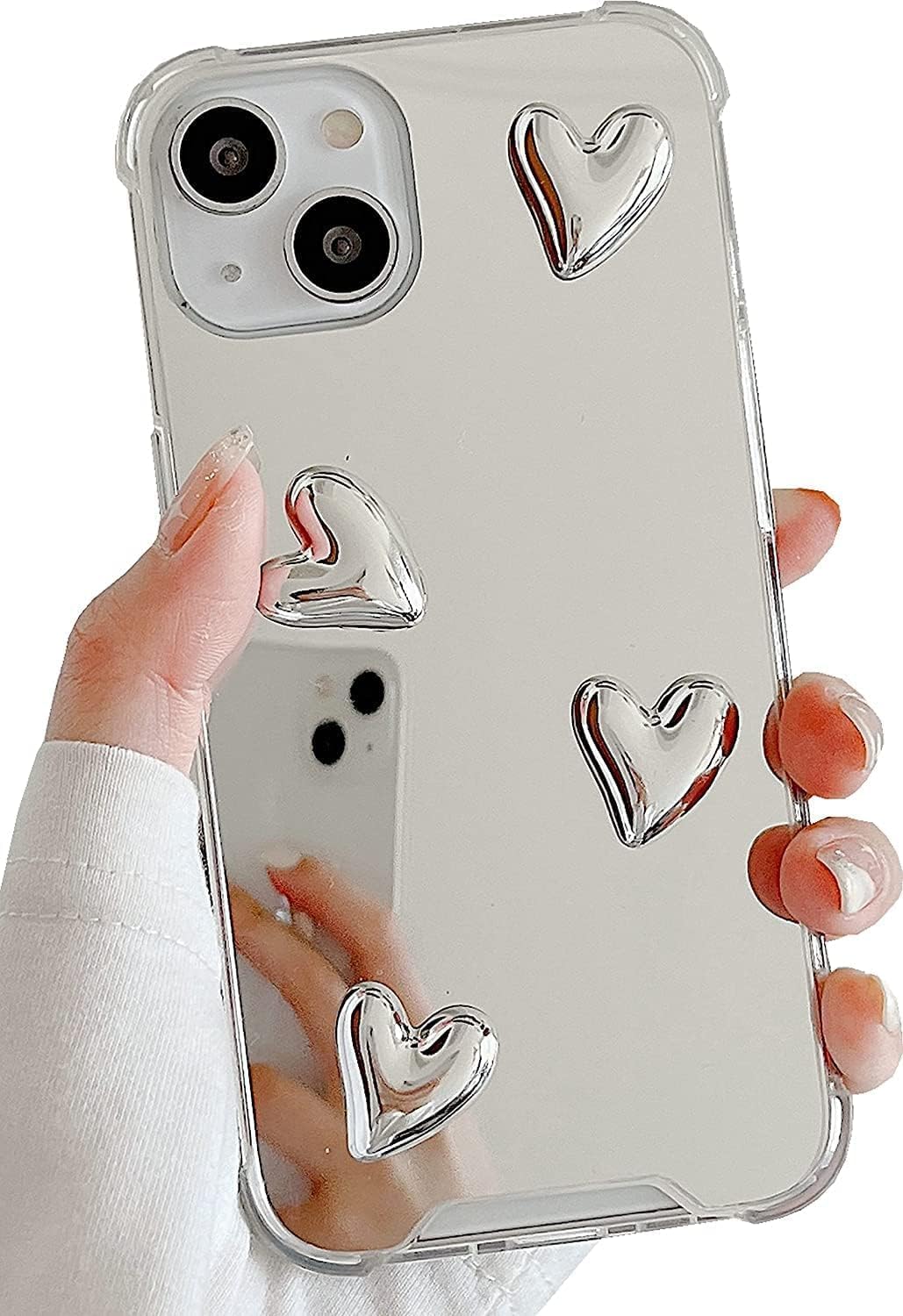 Compatible with iPhone 15 Pro Max case,Mirror Senior Silver Cute Heart Soft Silicone Clear Makeup Mirror Women Girls Shockproof Protect Cover Case for iPhone 15 Pro Max.