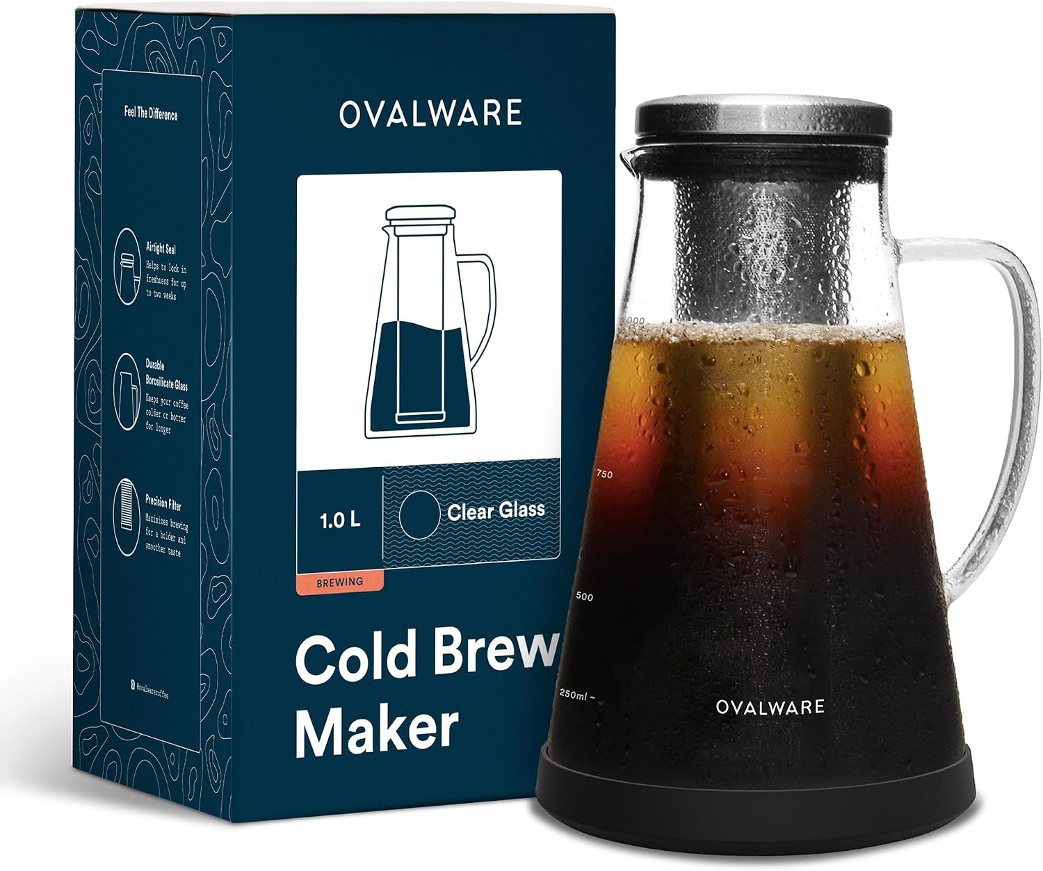 OVALWARE Airtight Cold Brew Coffee Maker with Tea Infuser & Spout 1.0L/34oz