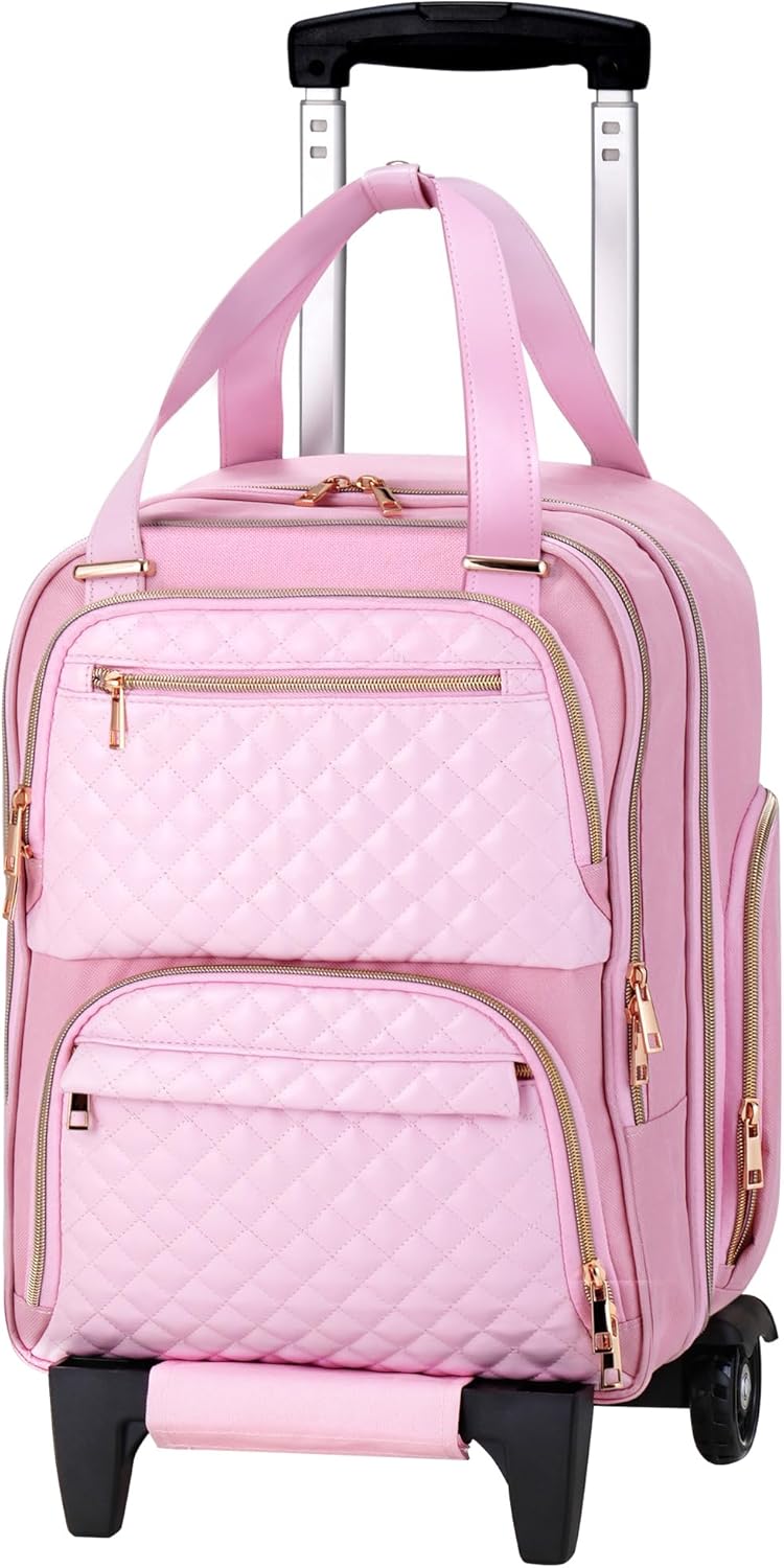 Rengue 16-Inch Underseat Carry On Luggage with Wheels, Lightweight Multi-Functional Overnight Suitcase for Men and Women, Fits 15.6'' Laptop, Water-Resistant and Anti-Theft, Pink, Pink, Carry-On