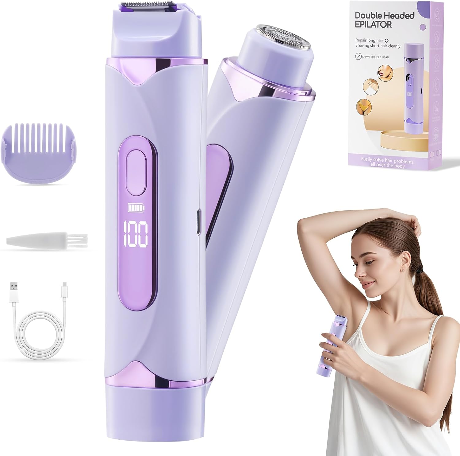 Lady Shavers for Women, 2025 Upgraded Dual Head Painless Bikini Trimmer, Wet and Dry, Pubic Hair Trimmer for Women, Rechargeable Facial Hair Removal, Portable Bikini Shaver for Whole Body.