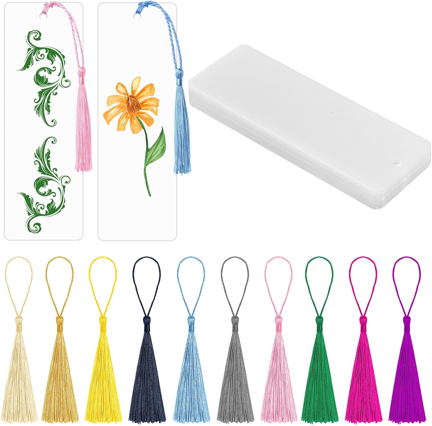 50 Clear Bookmark Blanks with Colorful Tassels, Rectangle Bookmarks Bulk for DIY Crafts, Gift Tags (50)