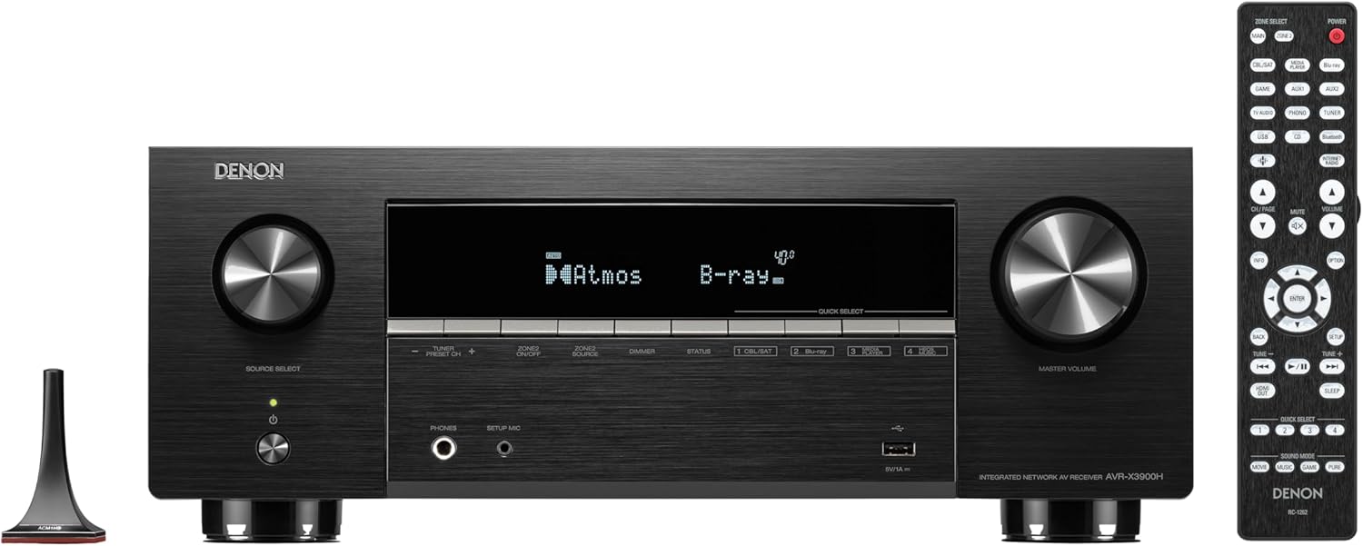 Denon AVR-X3900H 9.4 Channel AV Receiver, 105W Power, Dolby Atmos, DTS:X, AURO-3D & IMAX Enhanced, 8K/60Hz & 4K/120Hz Video Support, HEOS Multiroom Audio Streaming