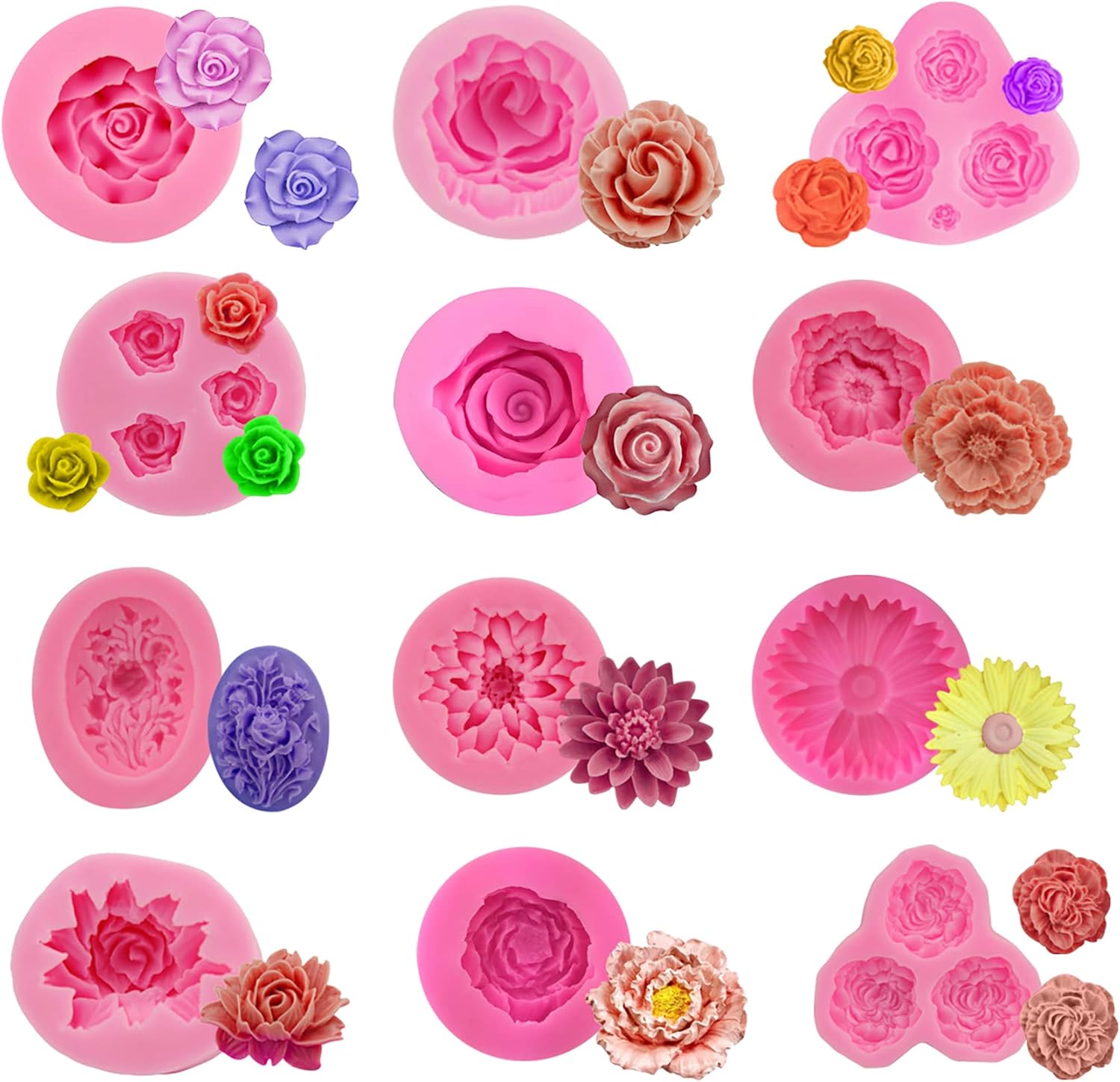 12 Pack Flower Mold Austin Rose Mold Rose Flower Handmade Soap Mold Peony Silicone Mold for Resin Candle Mold Peony Flower Cake Mold Candle Making Molds Soap Mold Peony Resin Mold