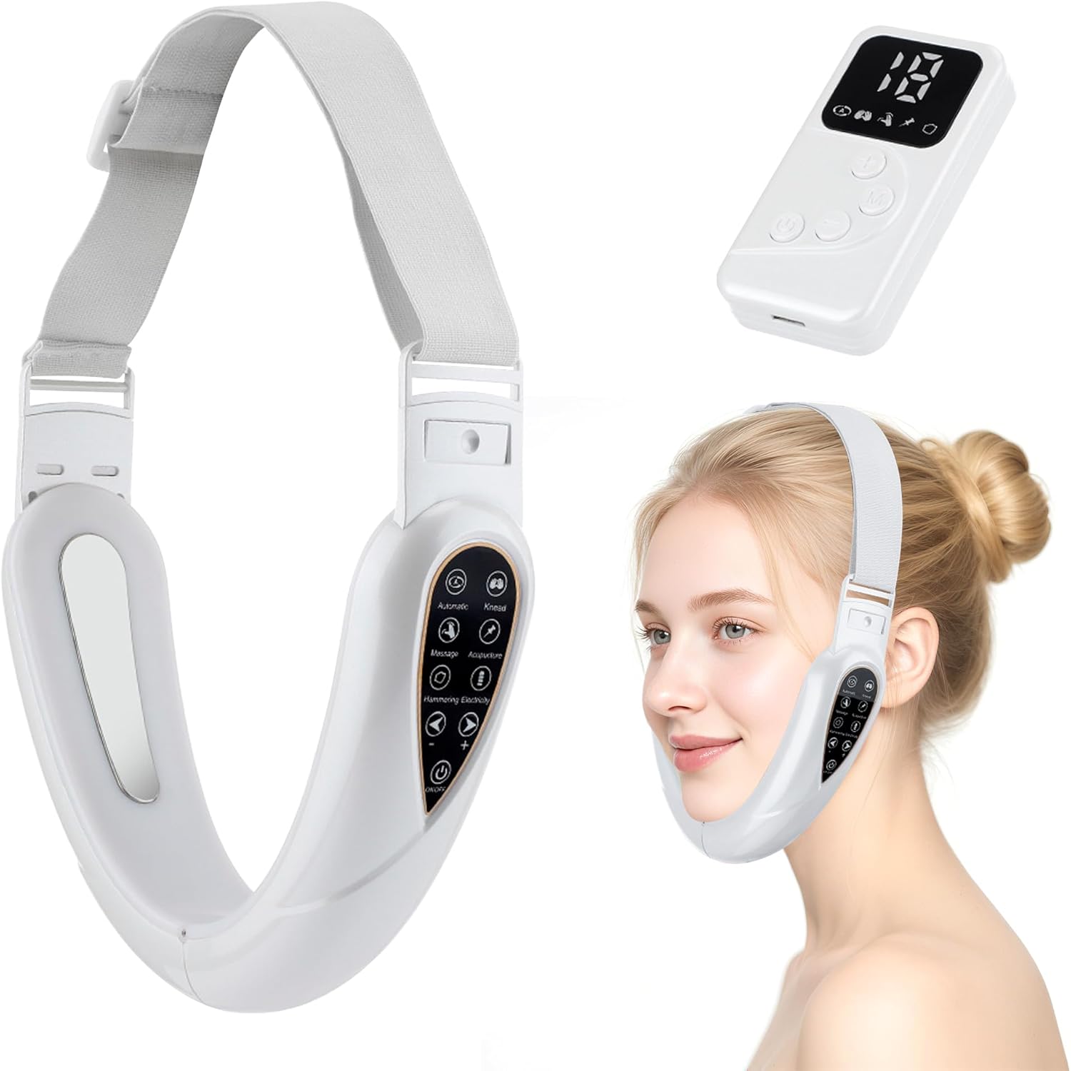 4 in 1 Massager for Face, Facial Sculpting Device for Double Chin, Reduces Sagging Skin, Remote Control Operation with 5 Modes, 15 Adjustable Intensities. (White)
