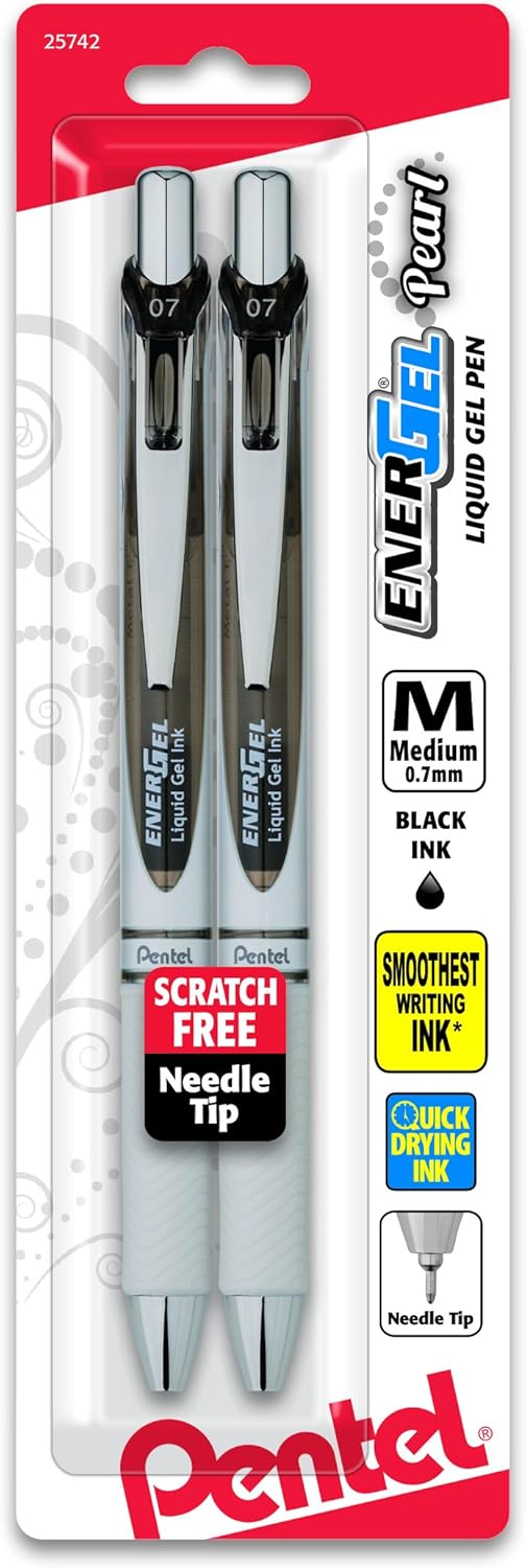 Pentel EnerGel Pearl RTX Retractable Liquid Gel Pen, (0.7mm), Medium Line, Needle Tip, Black Ink, Pack of 2 (BLN77WBP2A)