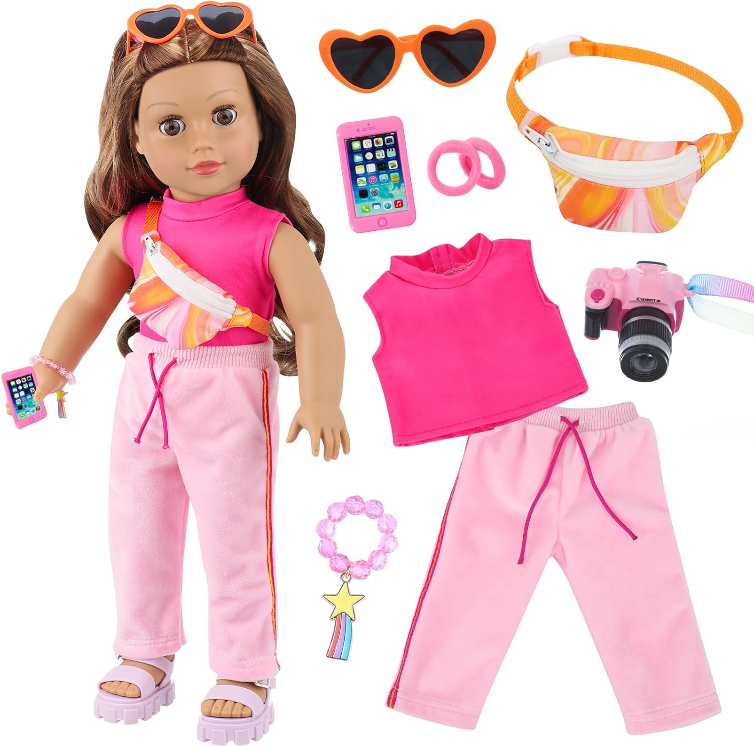 American 18 inch Doll Clothes and Accessories Travel Bag Set Including Pink Top Pants Sunglasses Camera Toy Cell Phone Hair Ties and Bracelet Fit for 18 inch Doll
