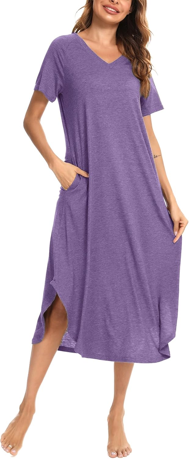 Nieery Cotton Nightdress for Women Short Sleeved Ladies Nighties V Neck Long Soft Nightshirts Night Dress