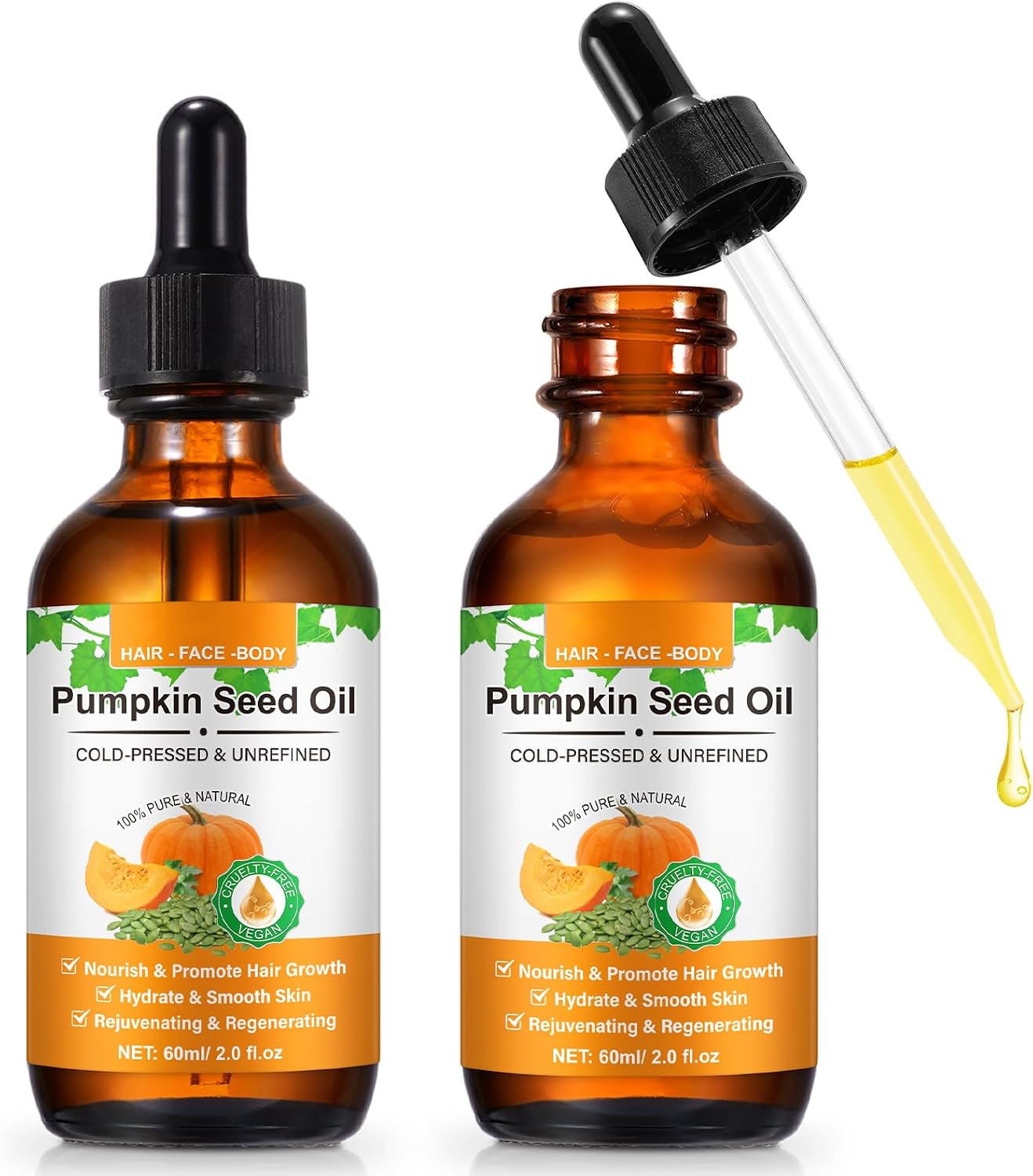 Pumpkin Seed Oil for Hair Growth 60ml 2 Pack - 100% Pure Natural Cold Pressed Hair Growth Oil for Dry Damaged Hair, Strengthen Hair Thickness, Nourish Hair Scalp, Moisturizer Skin