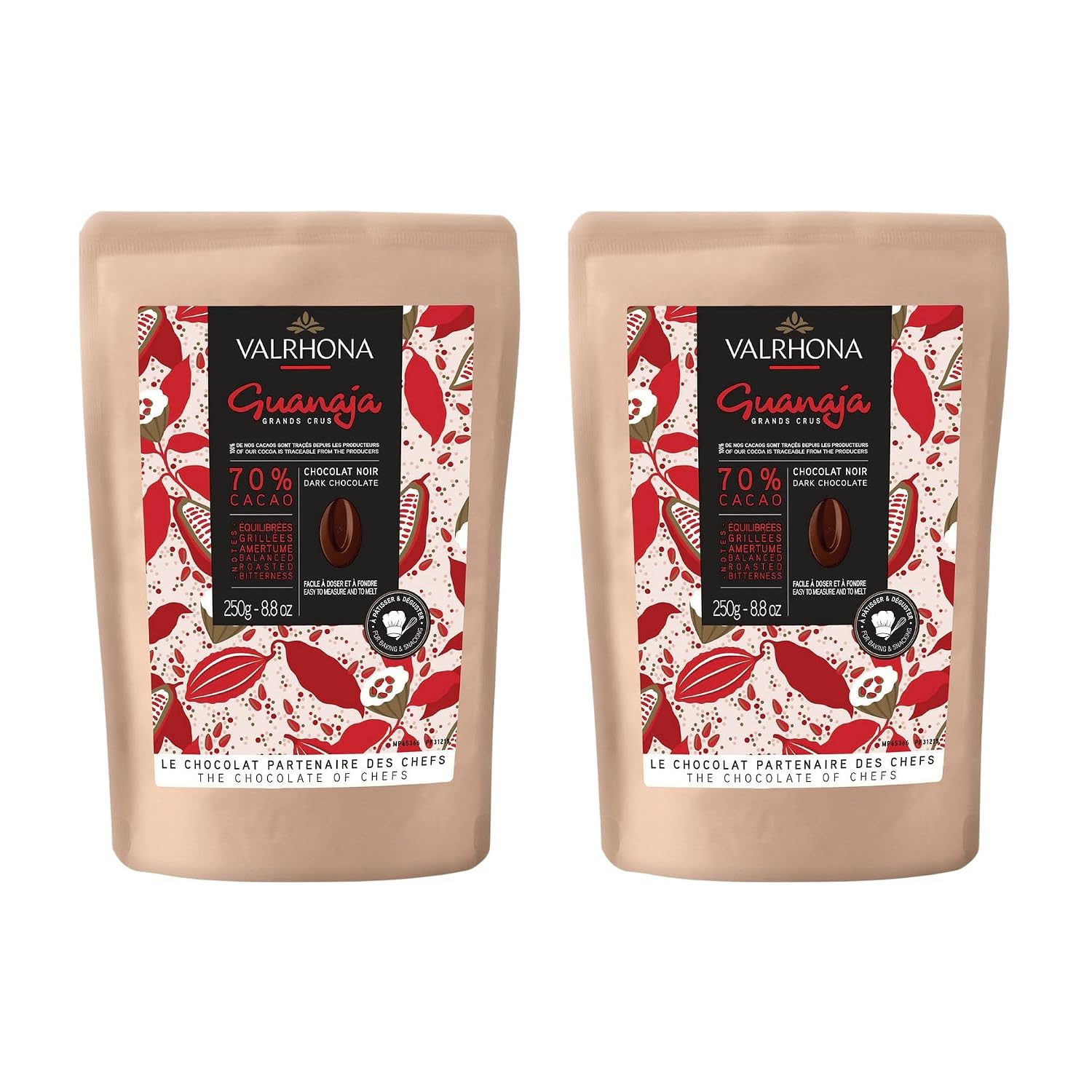 Valrhona Premium French Baking Dark Chocolate Discs (Feves). Classic GUANAJA 70% Cacao. Easy Melt. Easy to chop. Intense & Smooth with Bitter Notes. Sauces, Cakes, Mousses, Frostings 250g (Pack of 2)