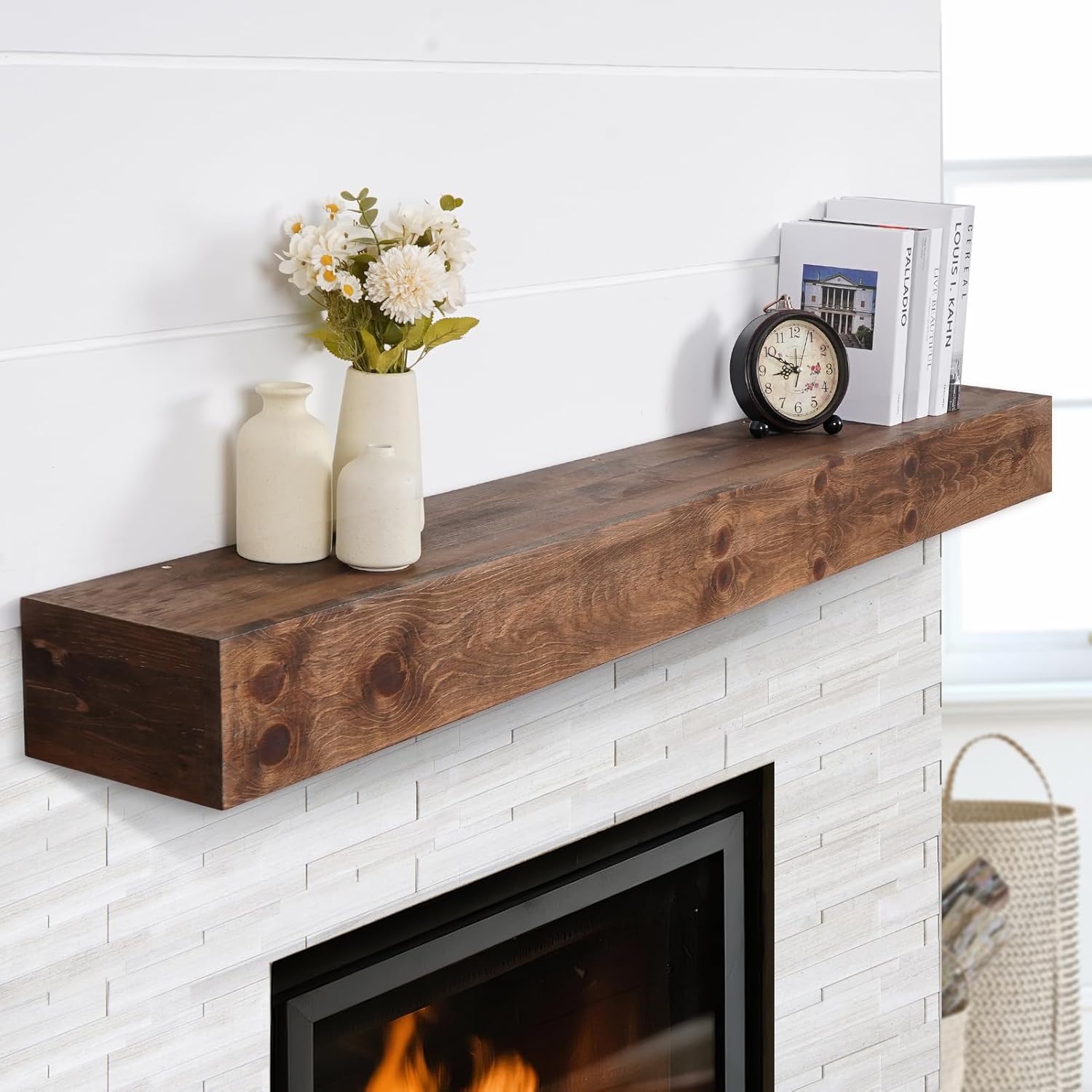 Fireplace Mantel Shelves 60inch | Solid Wood Floating Mantel Shelf - Rustic Farmhouse Wall Shelf with Invisible Brackets & Heavy Duty 100lbs Capacity