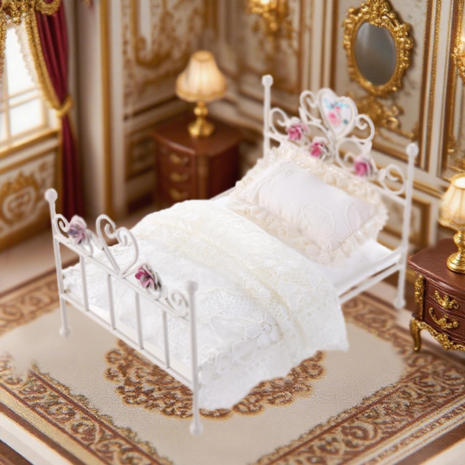 1:12 Dollhouse Furniture Bed, 1 Set Miniature White Hand Floral Engravings Iron Bed with Removable Bedding and Pillow, Miniature Furniture Gift for Dollhouse Lovers and Collectors