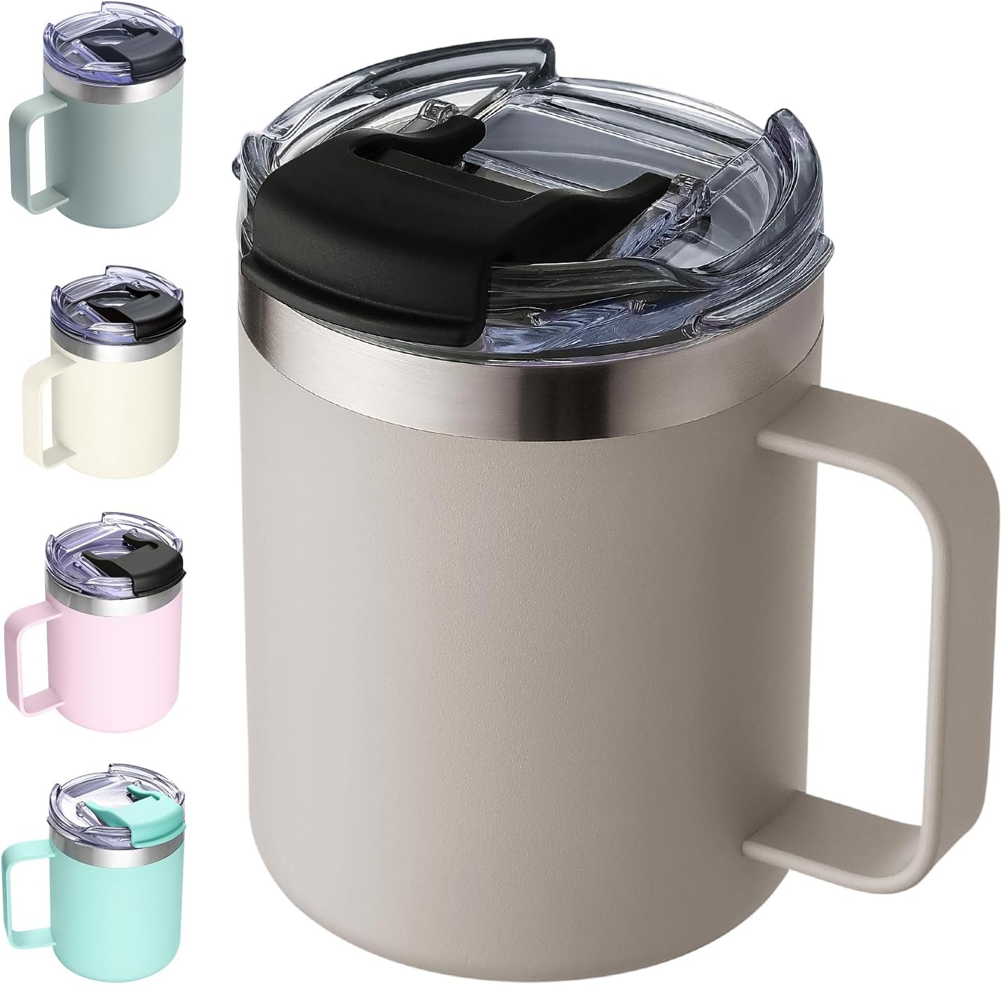 12oz Insulated Coffee Mug Cup with Handle, Stainless Steel Travel Coffee Mug with Flip Lid, Double Wall Vacuum Coffee Tumbler,Apricot