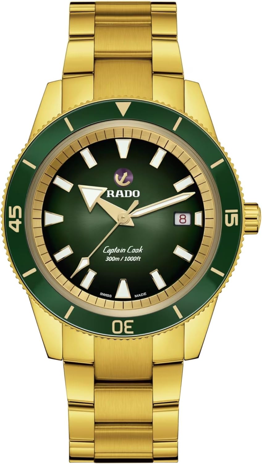 Rado Captain Cook Automatic Green Dial and Gold Bracelet with Date Display and Swiss Automatic Movement