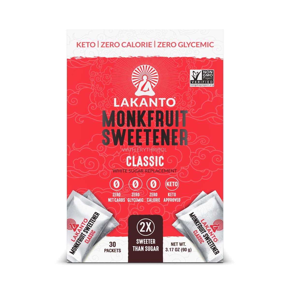 Lakanto Classic Monk Fruit Sweetener with Erythritol Packets - White Sugar Replacement, Zero Net Carbs, Zero Calorie, Sweeten on the Go, Coffee, Lemonade, Tea, Desserts - Classic (3g - 30 Count)