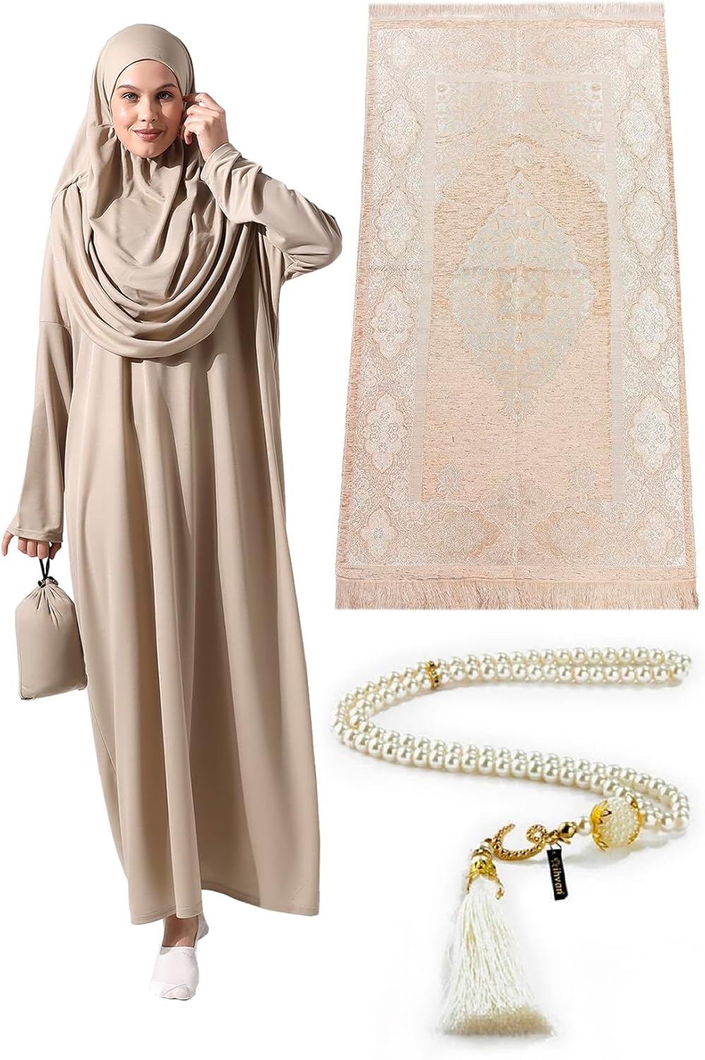 ihvan online Muslim Dresses for Women, One-Piece Long Sleeve Islamic Prayer Dress & Prayer Rug & Beads, Islamic Set