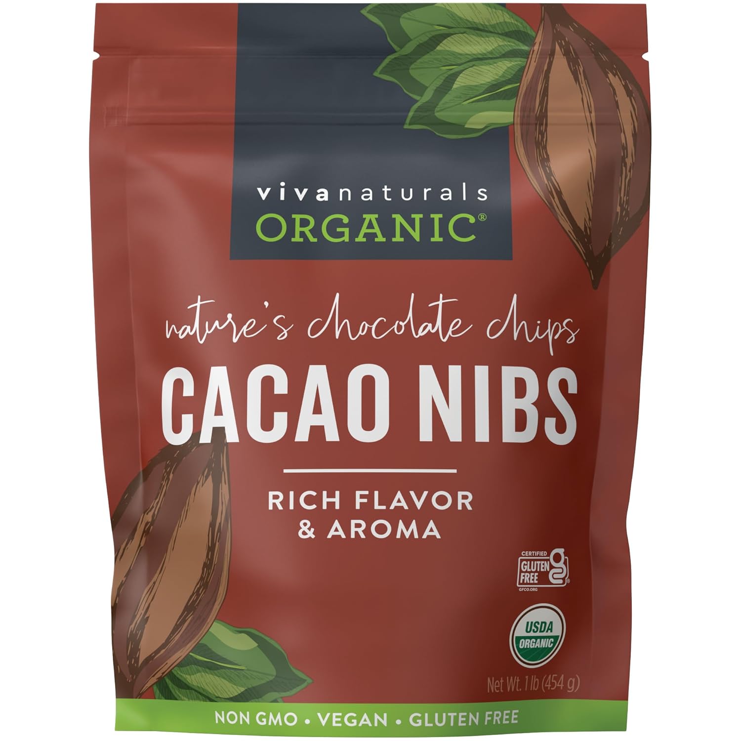 Viva Naturals Organic Cacao Nibs, 1 Lb - Certified Keto and Vegan Superfood, Perfect for Gluten Free Baking, Cacao Nib Smoothies and Healthy Snacks, Premium Criollo Beans, Non-GMO