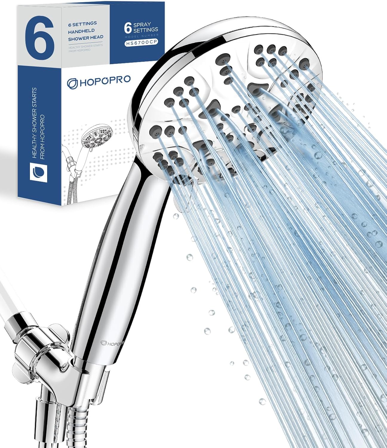 6-Mode High Pressure Handheld Shower Head Set, Consumer Reports Recommended HOPOPRO High Flow Hand Held Showerhead with 59 Inch Hose Bracket Teflon Tape Rubber Washers