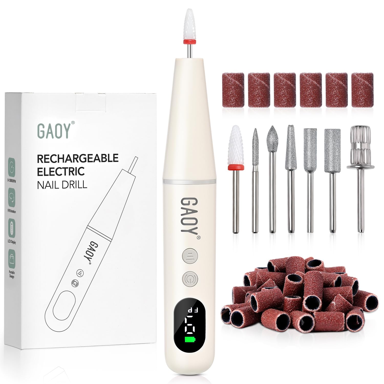 GAOY Cordless Nail Drill, Electric Nail File with LED Display, Milky White | Acrylic Gel Nails, Hand Feet Thick Nails Trimmer Buffer Tool, Lightweight Low-Noise, Gift for Women, Nail Art Beginner
