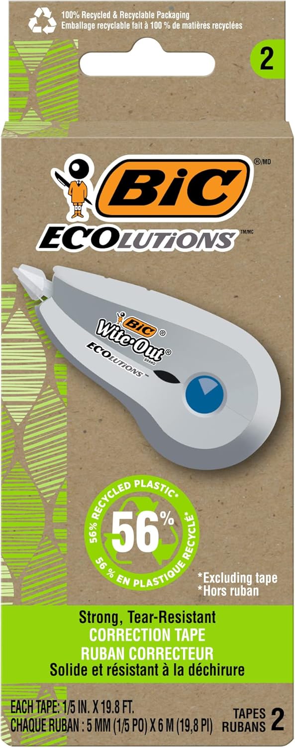 BIC Ecolutions Wite-Out Brand Correction Tape, 19.8 Feet, 2-Count Pack, Correction Tape Made from 56% Recycled Plastic